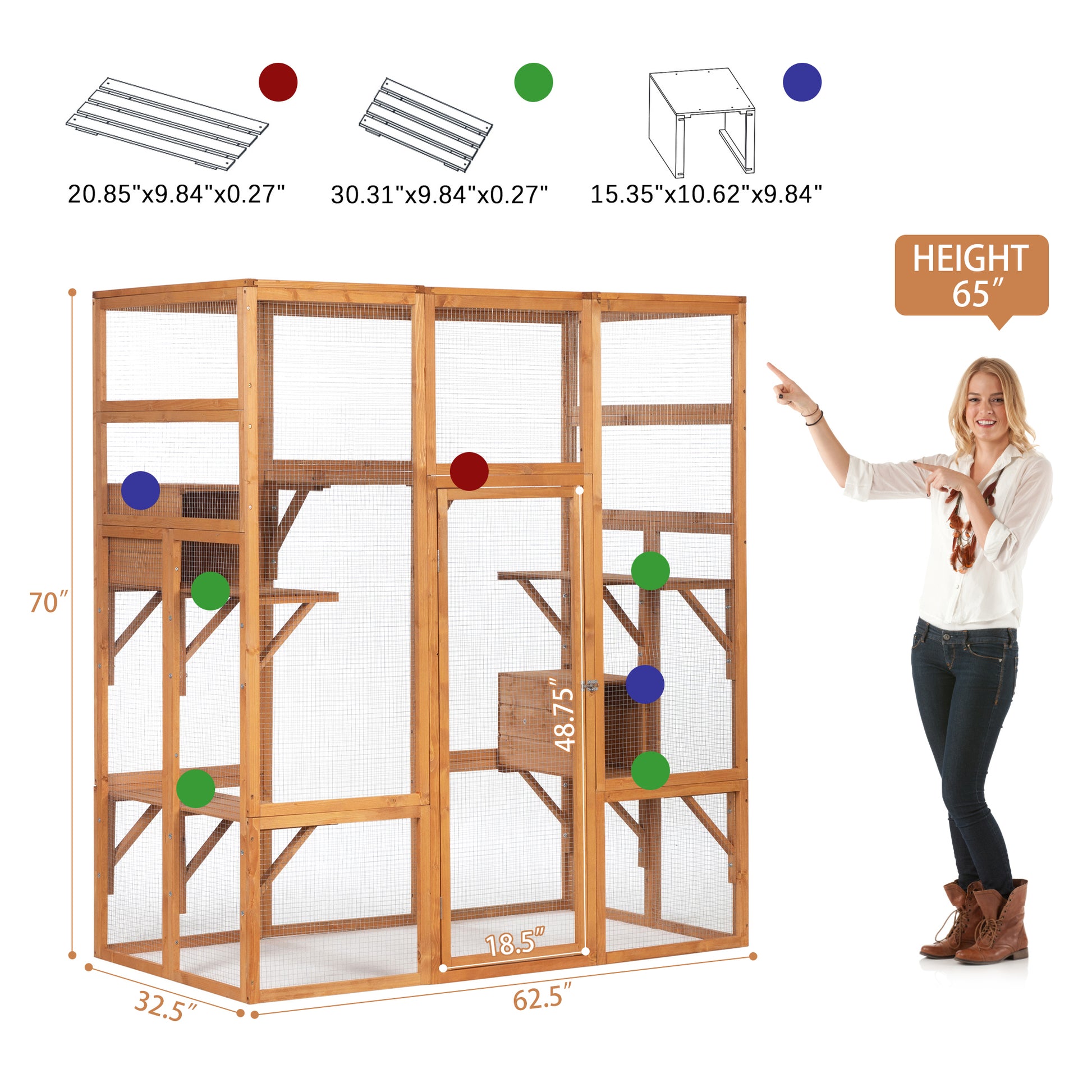 Outdoor Cat Enclosure, Large Wood Cat Cage With Sunlight Top Panel, Perches, Sleeping Boxes, Pet Playpen, Orange Orange Metal & Wood