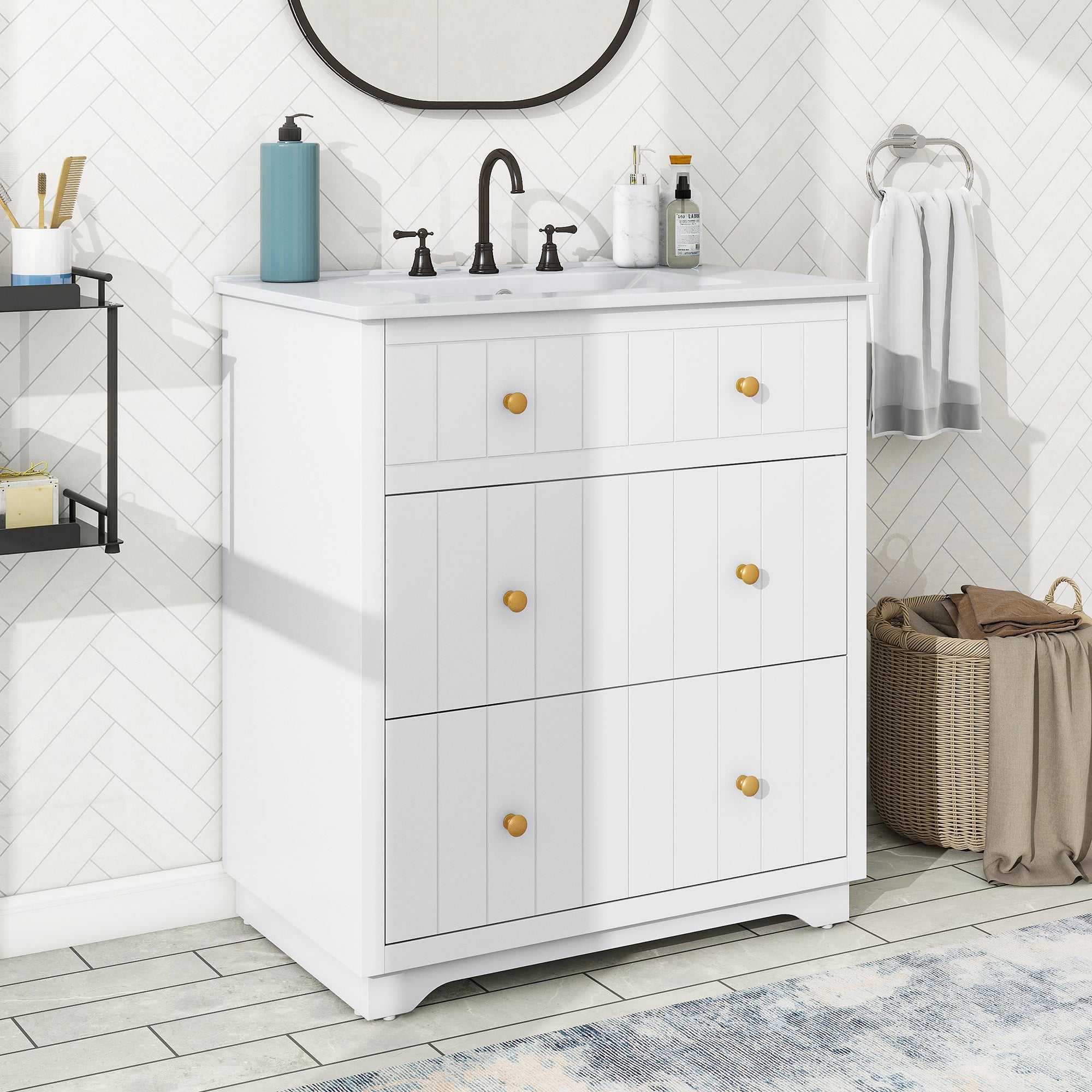 Video 30 Inch Modern White Bathroom Vanity Cabinet With Two Drawers White Mdf