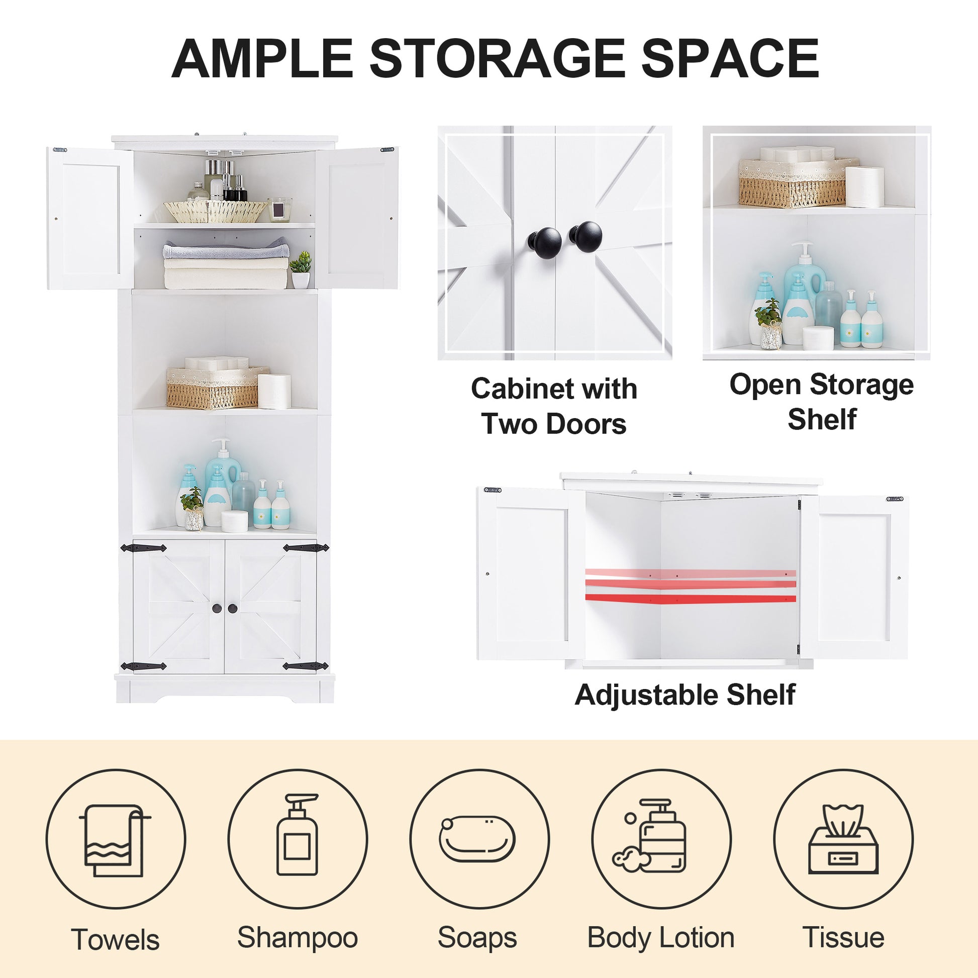 Tall Bathroom Storage Cabinet, Corner Cabinet With Doors And Adjustable Shelf, Mdf Board, White White Mdf