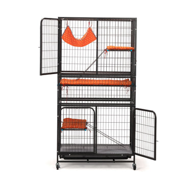 4 Story Pet Cage, Bunny Hutch With Ladder, Lockable Wheels And Removable Tray, Black And Orange Black Metal