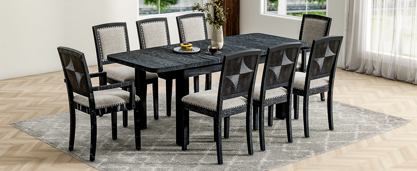 Rustic Extendable 84Inch Dining Table Set With 24Inch Removable Leaf6 Upholstered Armless Dining Chairs And 2 Padded Arm Chairs, 9 Pieces, Black Wood Dining Room Extendable Rubberwood Rectangular Dining Table With Chair Upholstered Chair Wood Black Gray