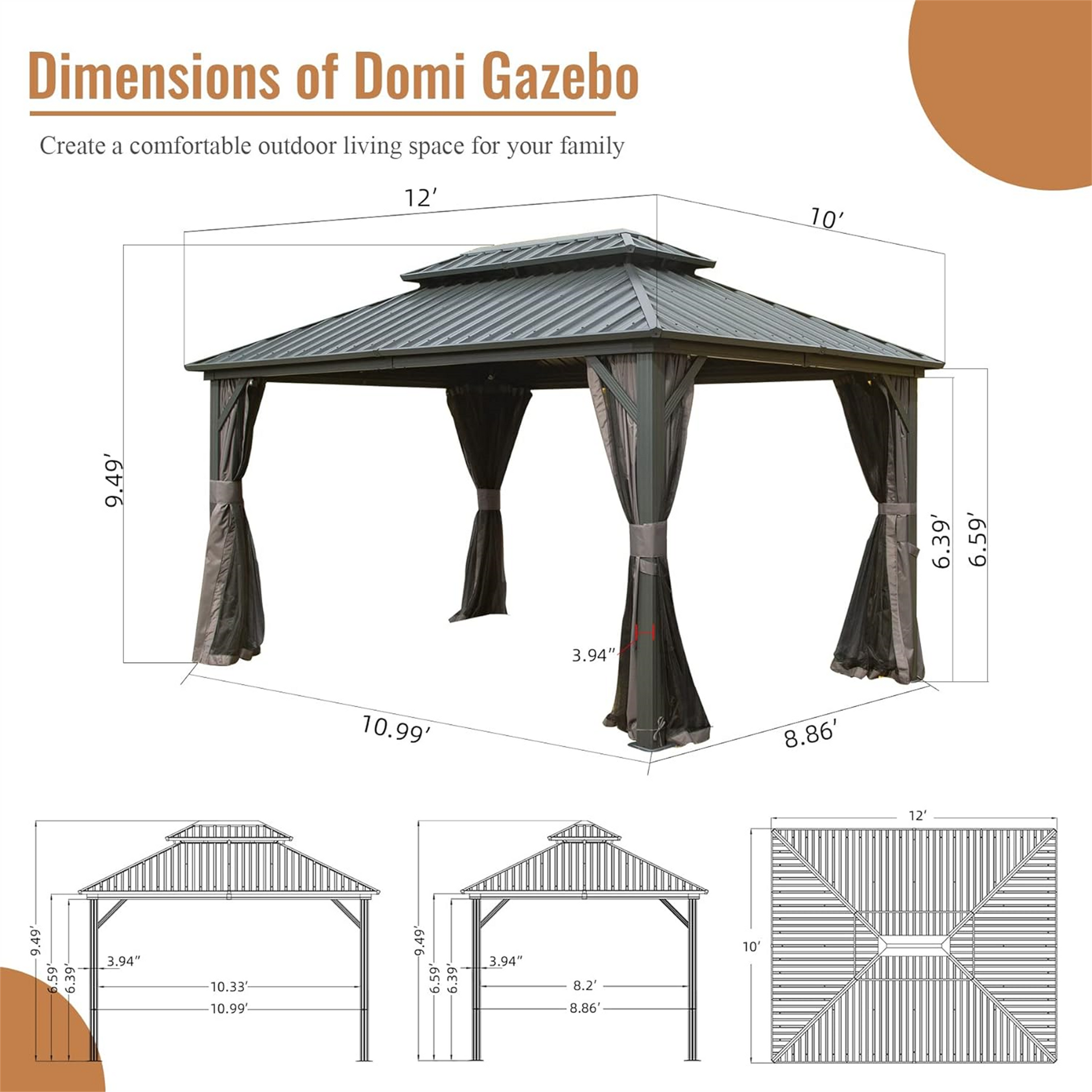 10' X 12' Hardtop Gazebo, Aluminum Metal Gazebo With Galvanized Steel Double Roof Canopy, Curtain And Netting, Permanent Gazebo Pavilion For Patio, Backyard, Deck, Lawn Gray Aluminum