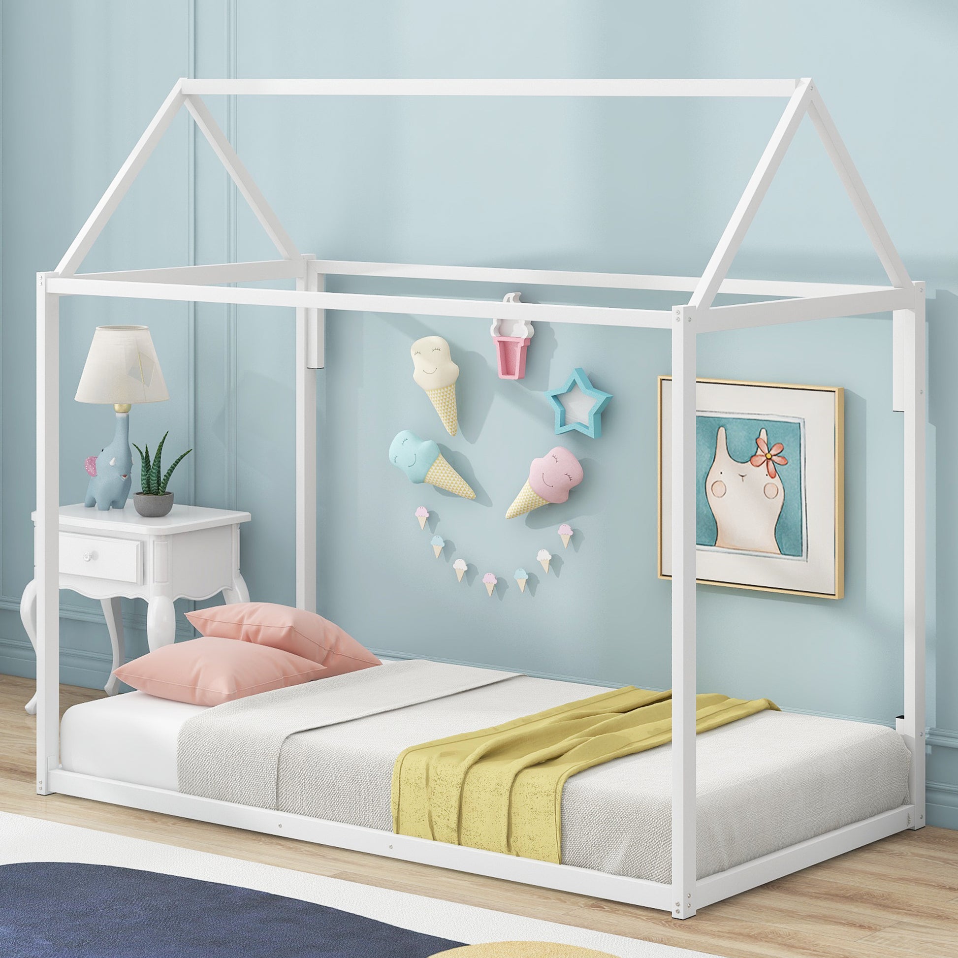 Metal House Shape Platform Bed, Twin White Metal