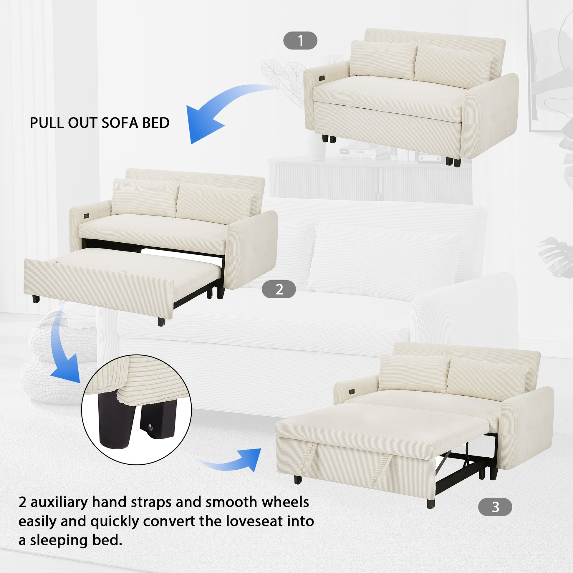 57.48" Pull Out Sofa Bed Convertible Couch 2 Seat Loveseat Sofa Modern Sleeper Sofa With Two Throw Pillows And Usb Ports For Living Room, Beige Old Sku:Wf317760Aaa Beige Foam Corduroy 2 Seat