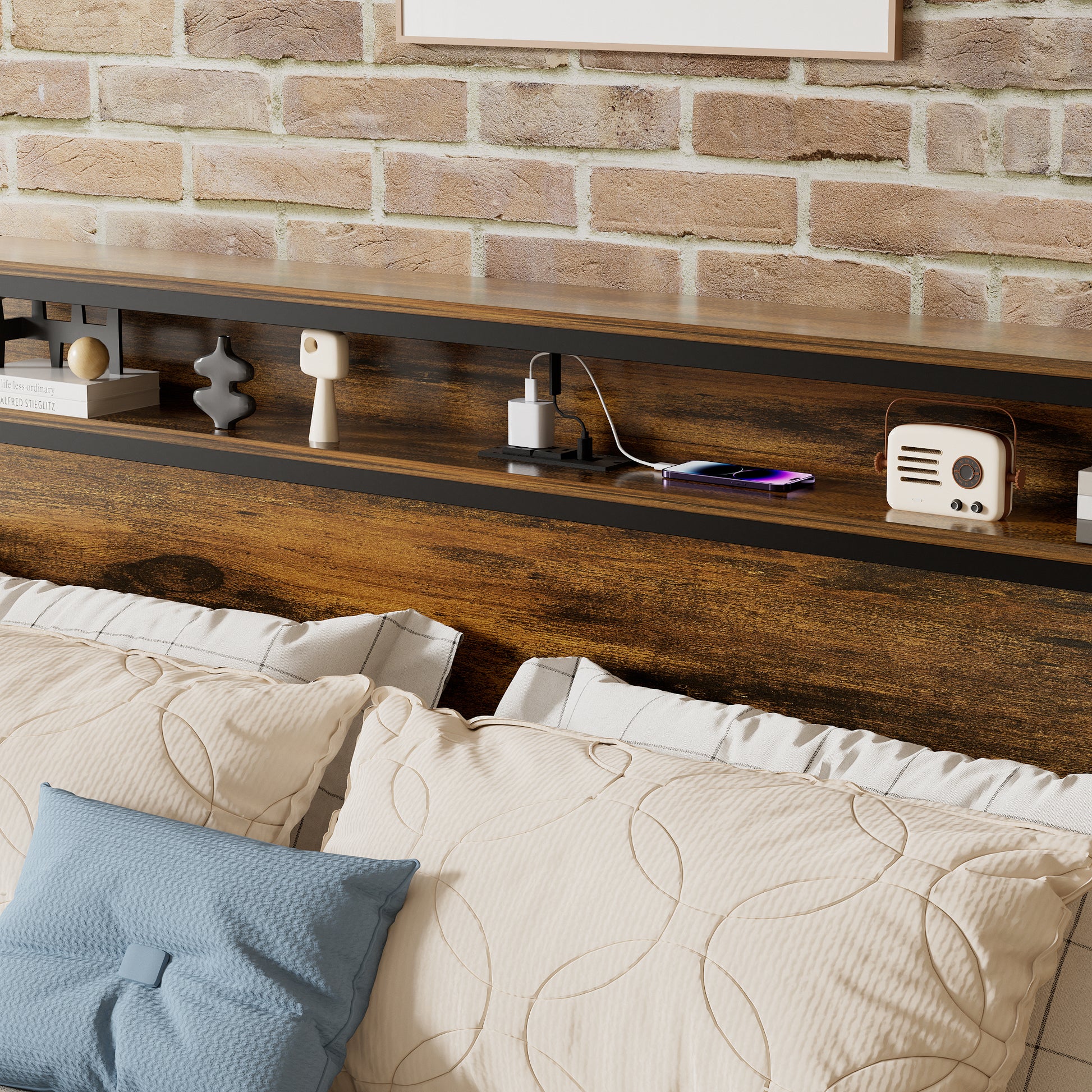 Queen Size Bed Frame, Storage Headboard With Led Light, Charging Station, Solid And Stable, Noise Free, No Box Spring Needed, Easy Assembly, Vintage Brown Box Spring Not Required Queen Antique Brown Iron Brown Bedroom American Design Bed Frame Particle