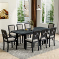 Rustic Extendable 84Inch Dining Table Set With 24Inch Removable Leaf6 Upholstered Armless Dining Chairs And 2 Padded Arm Chairs, 9 Pieces, Black Wood Dining Room Extendable Rubberwood Rectangular Dining Table With Chair Upholstered Chair Wood Black Gray