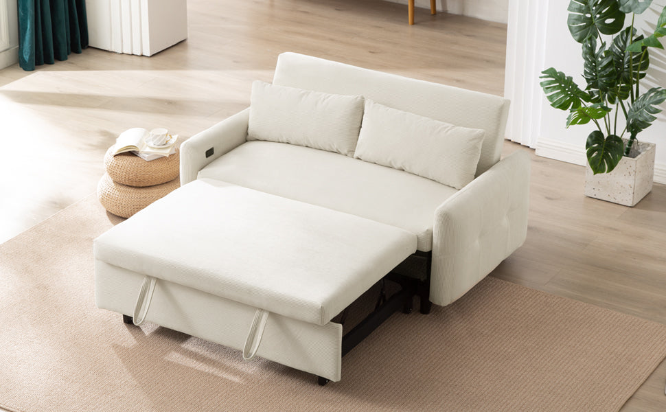 57.48" Pull Out Sofa Bed Convertible Couch 2 Seat Loveseat Sofa Modern Sleeper Sofa With Two Throw Pillows And Usb Ports For Living Room, Beige Old Sku:Wf317760Aaa Beige Foam Corduroy 2 Seat