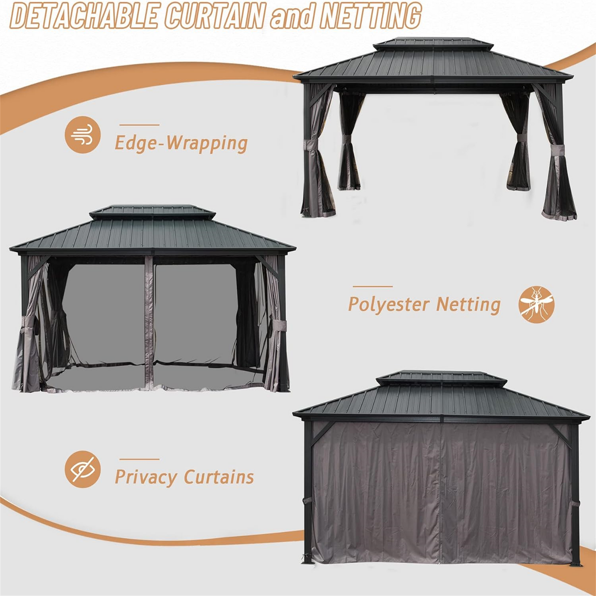 10' X 12' Hardtop Gazebo, Aluminum Metal Gazebo With Galvanized Steel Double Roof Canopy, Curtain And Netting, Permanent Gazebo Pavilion For Patio, Backyard, Deck, Lawn Gray Aluminum