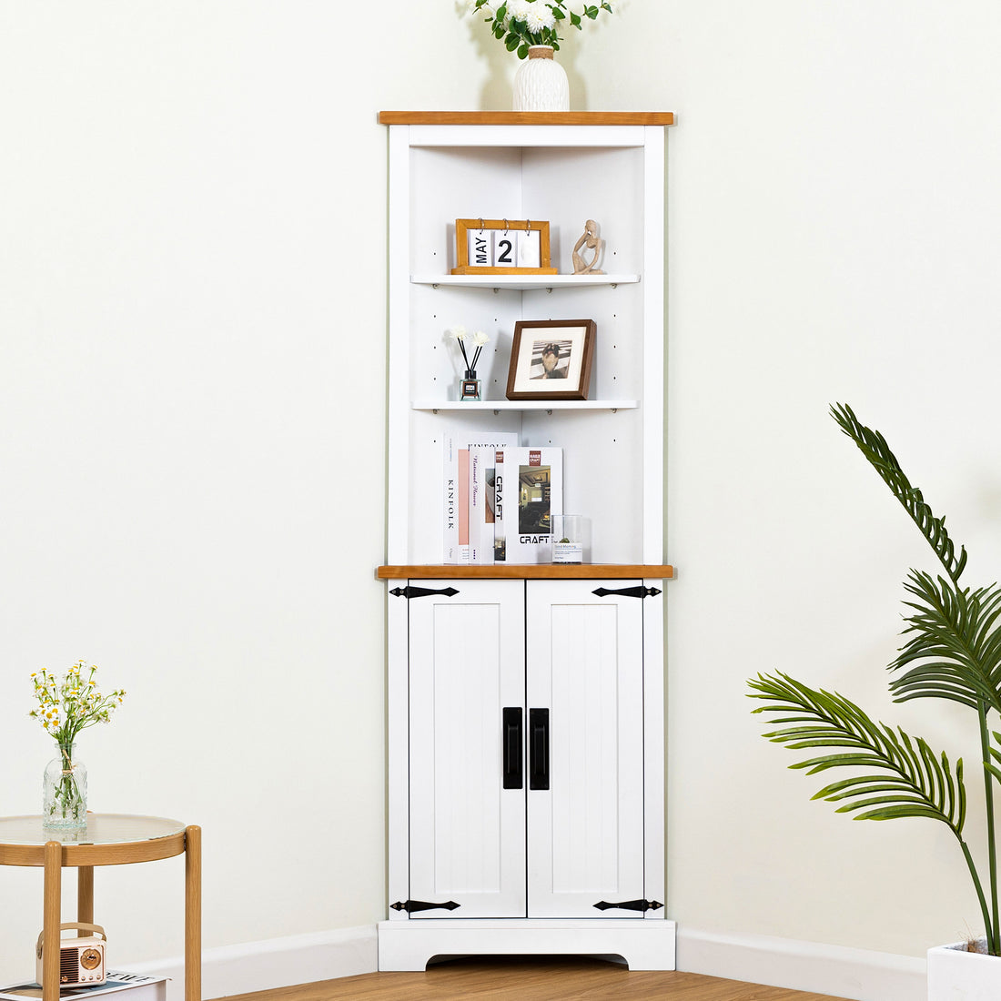 Corner Cabinet Dresser Cabinet Barcabinet Corner Bathroom Cabinet With 2 Doors And 3 Tier Shelves Free Standing Corner Storage Cabinet For Bathroom, Living Room, Bedroom Or Kitchen ,Color:White Brown 5 Or More Spaces Antique White Primary Living Space