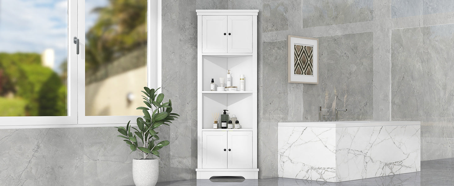 Tall Bathroom Storage Cabinet, Corner Cabinet With Doors And Adjustable Shelf, Mdf Board, White White Mdf