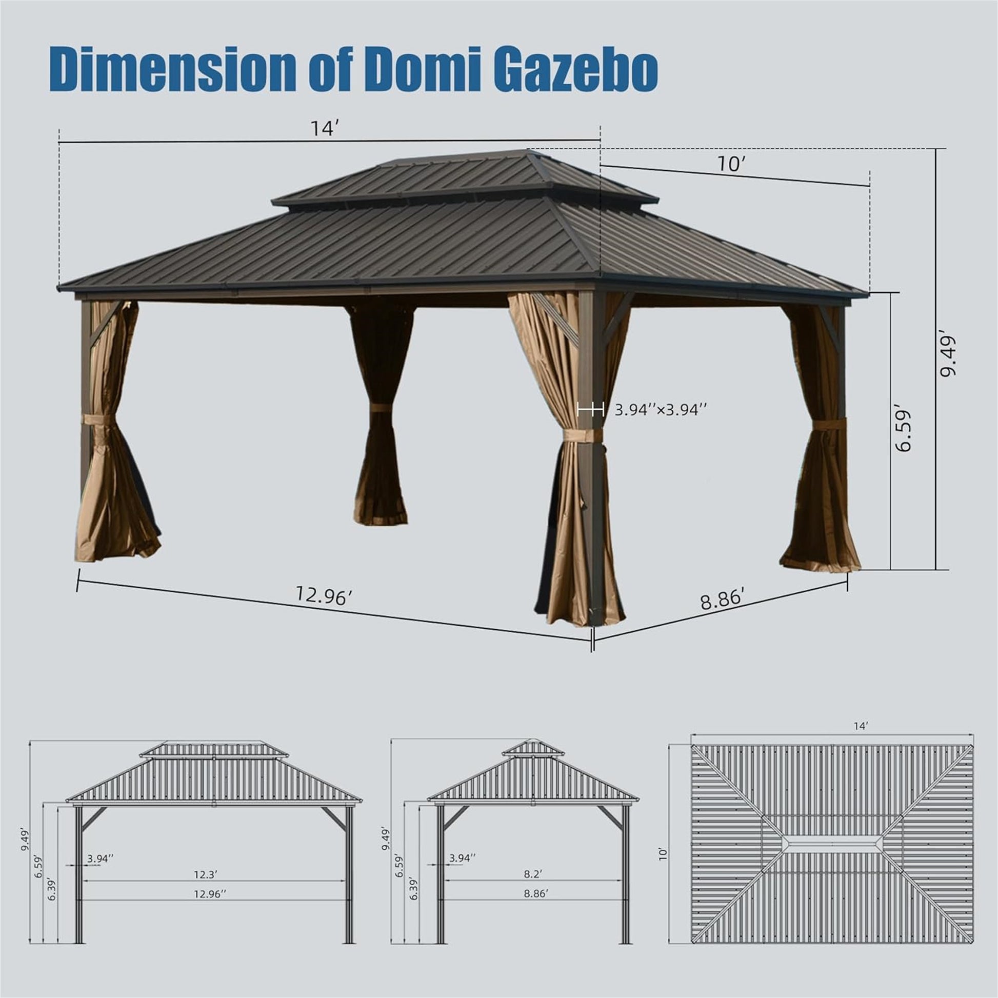 10' X 14' Hardtop Gazebo, Aluminum Metal Gazebo With Galvanized Steel Double Roof Canopy, Curtain And Netting, Permanent Gazebo Pavilion For Party, Wedding, Outdoor Dining, Brown Brown Aluminum