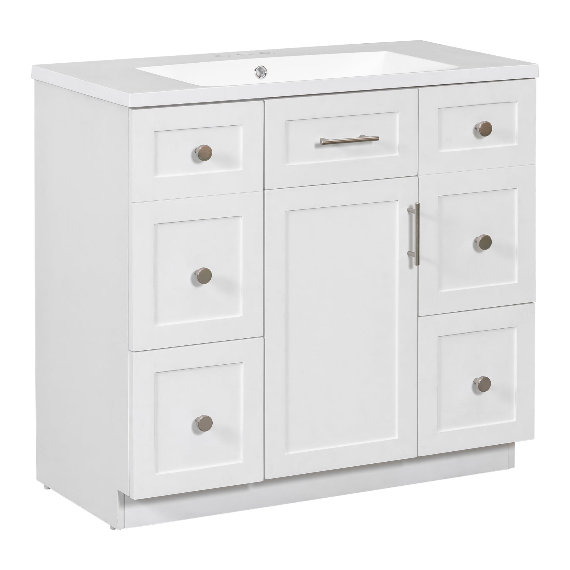 Modern White 36 Inch Freestanding Bathroom Vanity Cabinet With Resin Integrated Basin With 4 Drawers 1 Soft Close Door, Multi Functional Storage White Mdf