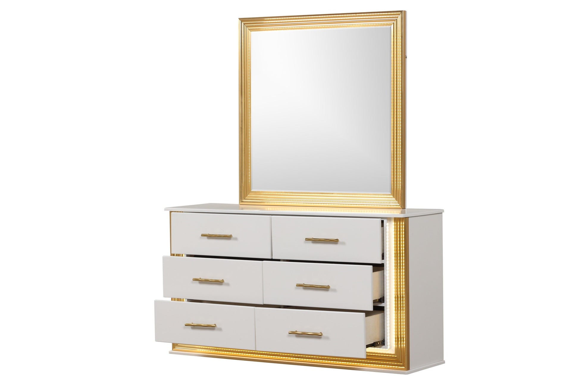 Contemporary Style 4Pc Queen Bedroom Set Made With Wood & Gold Finish Box Spring Not Required Queen White Wood 4 Piece Set Bedroom Bed Included,Dresser Included,Mirror Included,Nightstand Included Contemporary,Modern Solid Wood Mdf Built In Lighting Wood