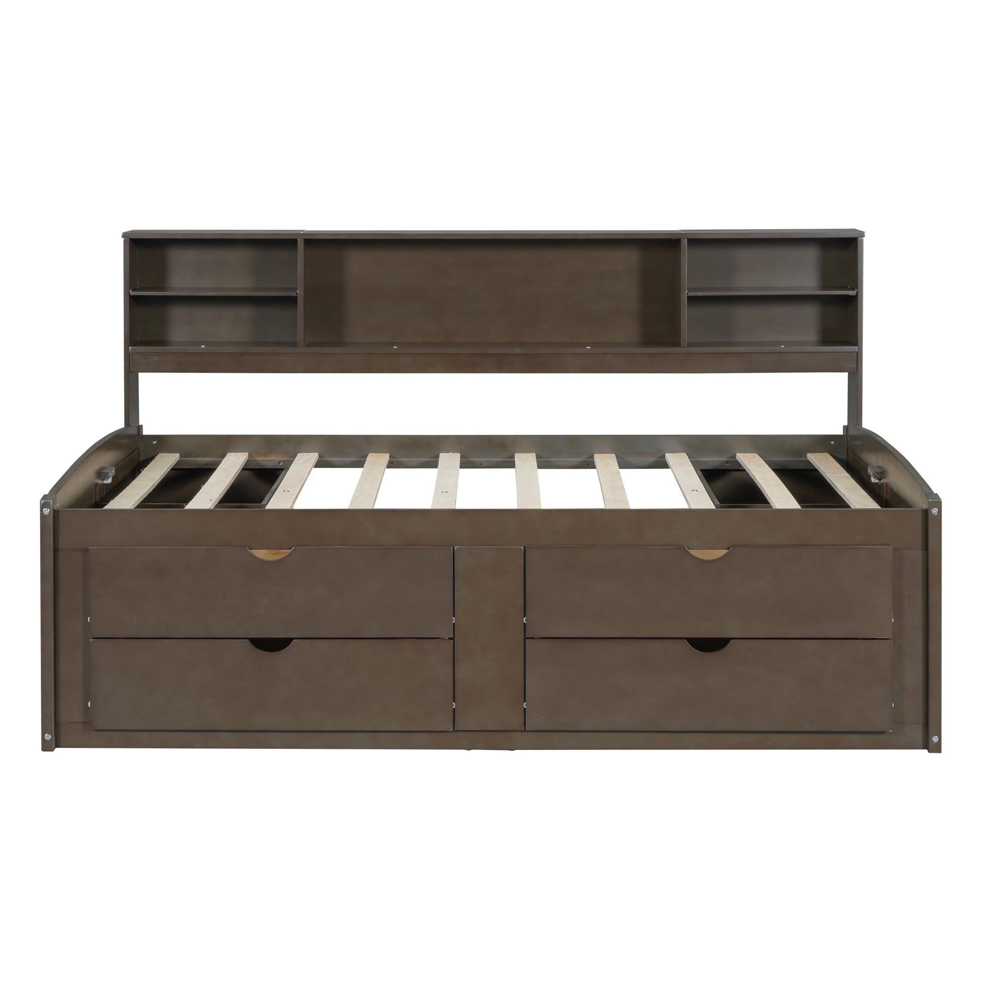 Full Size Wood Daybed With 2 Bedside Cabinets, Upper Shelves And 4 Drawers, Antique Brown Antique Brown Solid Wood Mdf
