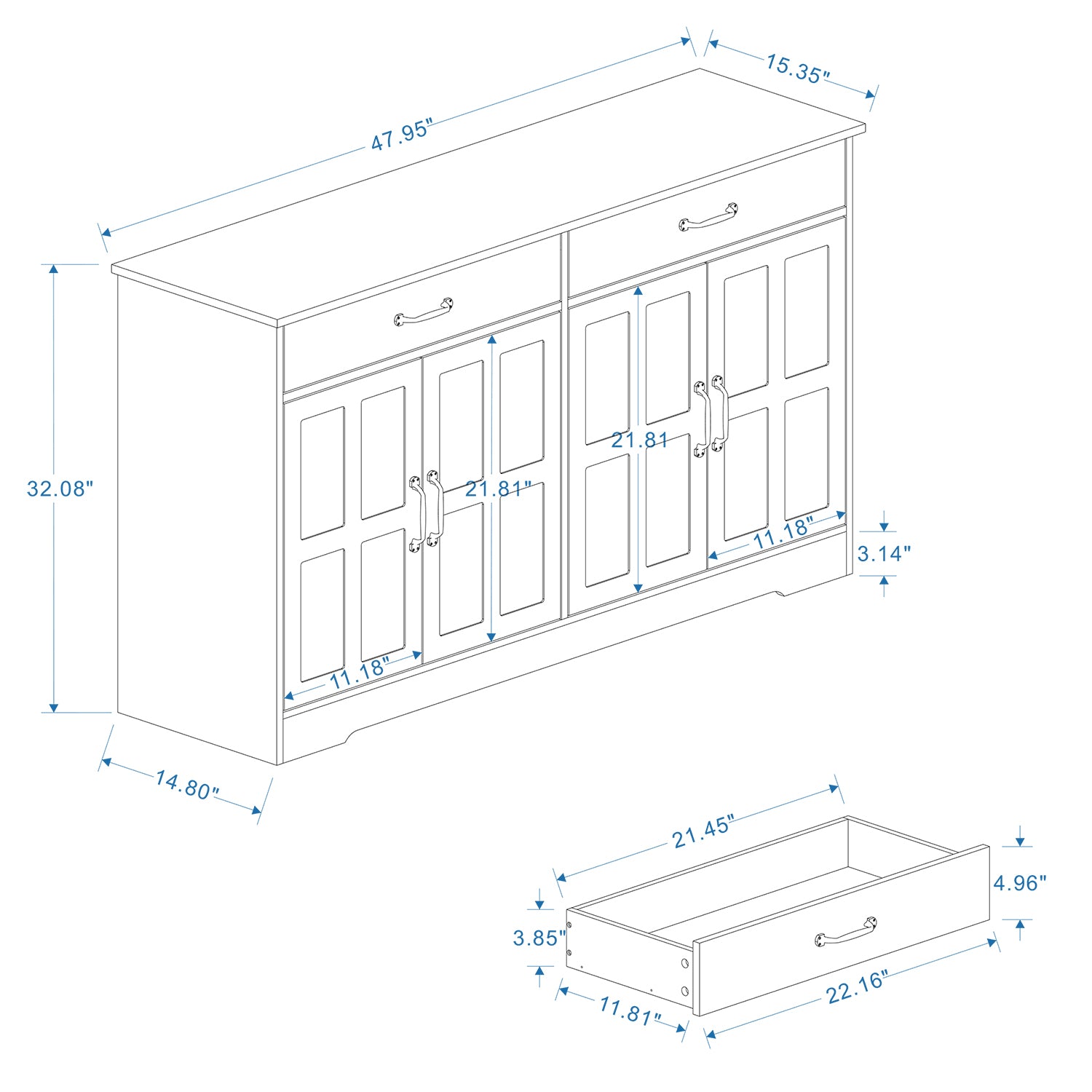 47.95" Farmhouse Buffet Cabinet Storage Sideboard With 2 Drawers And 4 Doors For Dining Living Room Kitchen Cupboard White White Mdf