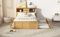Full Size Wood Pltaform Bed With Twin Size Trundle, 3 Drawers, Upper Shelves And A Set Of Usb Ports & Sockets, Natural Natural Solid Wood Mdf