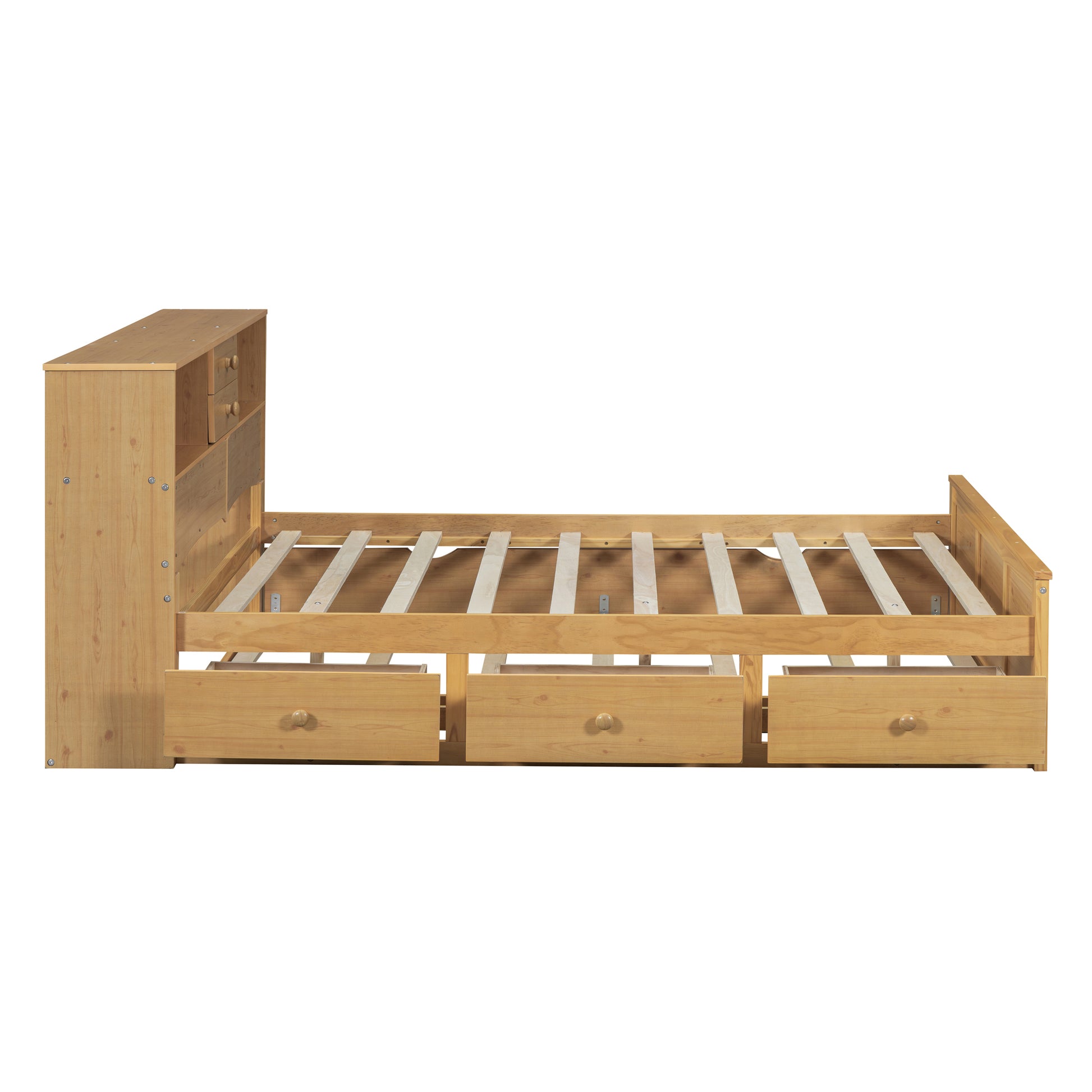 Full Size Wood Pltaform Bed With Twin Size Trundle, 3 Drawers, Upper Shelves And A Set Of Usb Ports & Sockets, Natural Natural Solid Wood Mdf