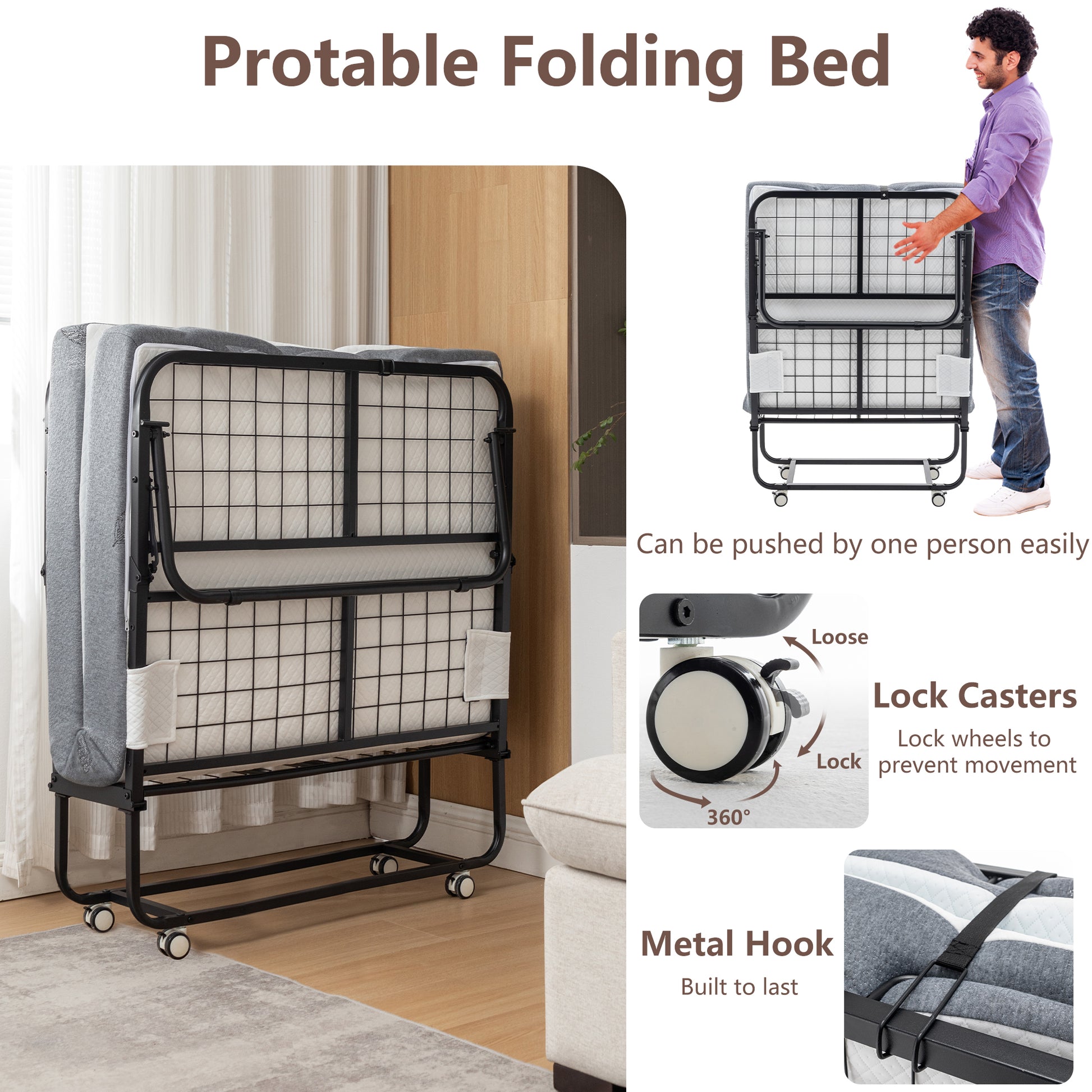 Folding Bed With Mattress, Sportable Foldable Bed With Storage Cover, Srollaway Bed For Adults With Memory Foam Mattress And Metal Frame, Scot Size Guest Bed On Wheels, 75 X 38 Black Metal Foam