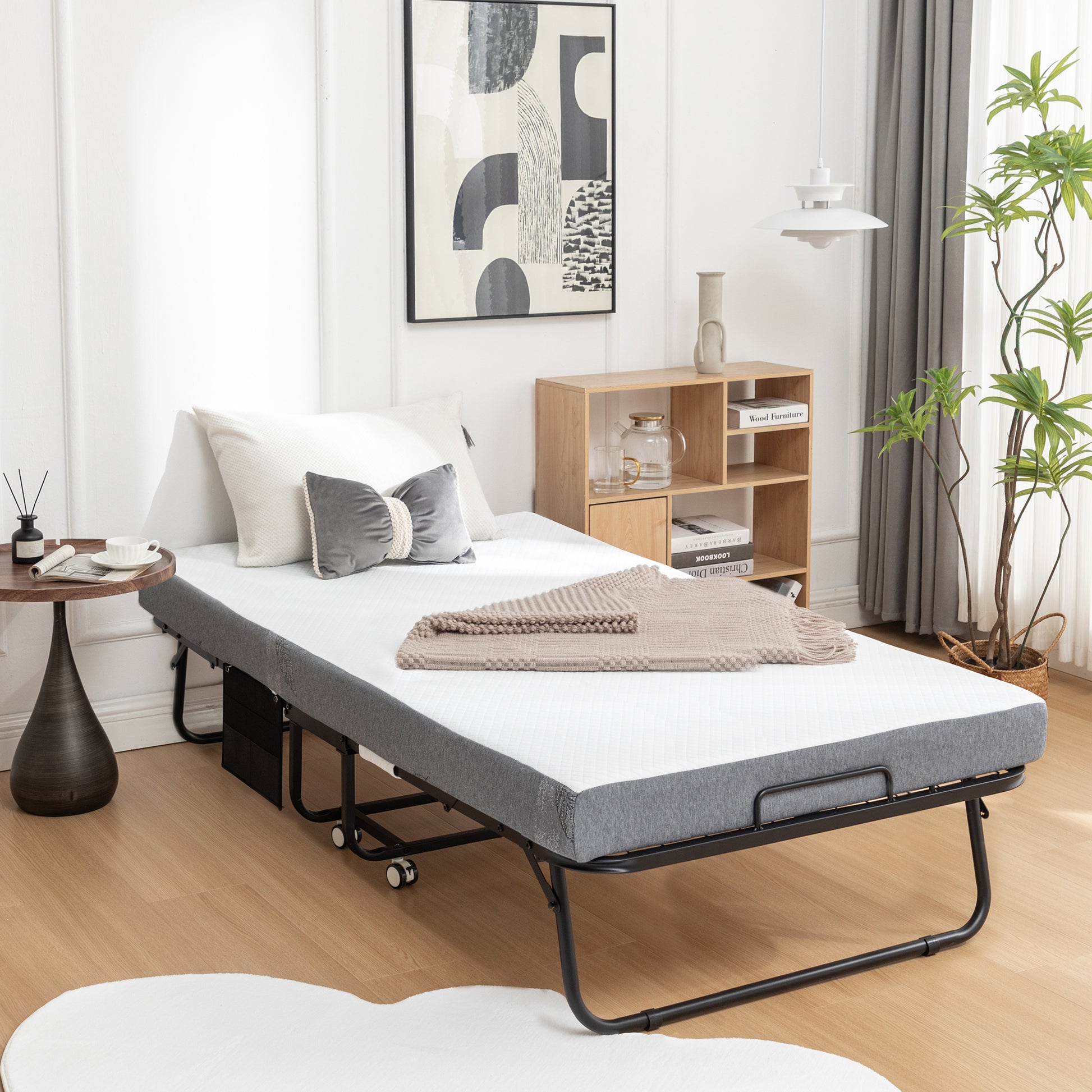 Folding Bed With Mattress, Sportable Foldable Bed With Storage Cover, Srollaway Bed For Adults With Memory Foam Mattress And Metal Frame, Scot Size Guest Bed On Wheels, 75 X 38 Black Metal Foam