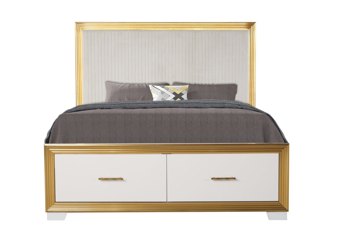 Contemporary Style 4Pc King Bedroom Set Made With Wood & Gold Finish Box Spring Not Required King White Wood 4 Piece Set Bedroom Bed Included,Dresser Included,Mirror Included,Nightstand Included Contemporary,Modern Solid Wood Mdf Built In Lighting Wood