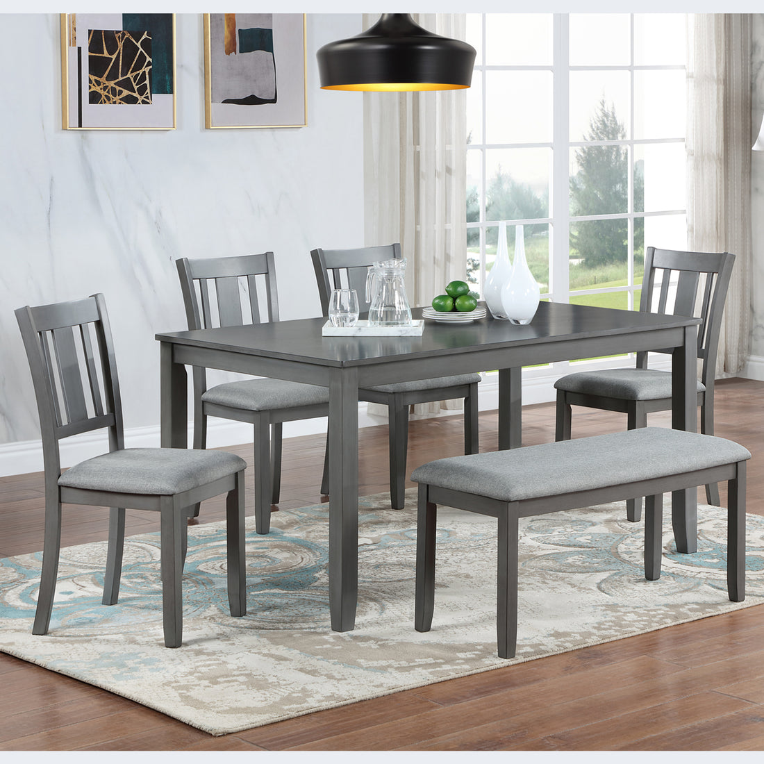 6 Piece Kitchen Dining Set, Rectangular Wooden Dining Table With 4 Upholstered Chairs And A Bench, Dining Table Set For 6 People, Living Room, Home Bar And Kitchen, Gray Upholstered Chair Wood Gray Seats 6 Wood Dining Room Acacia 4 Leg Rectangular Dining