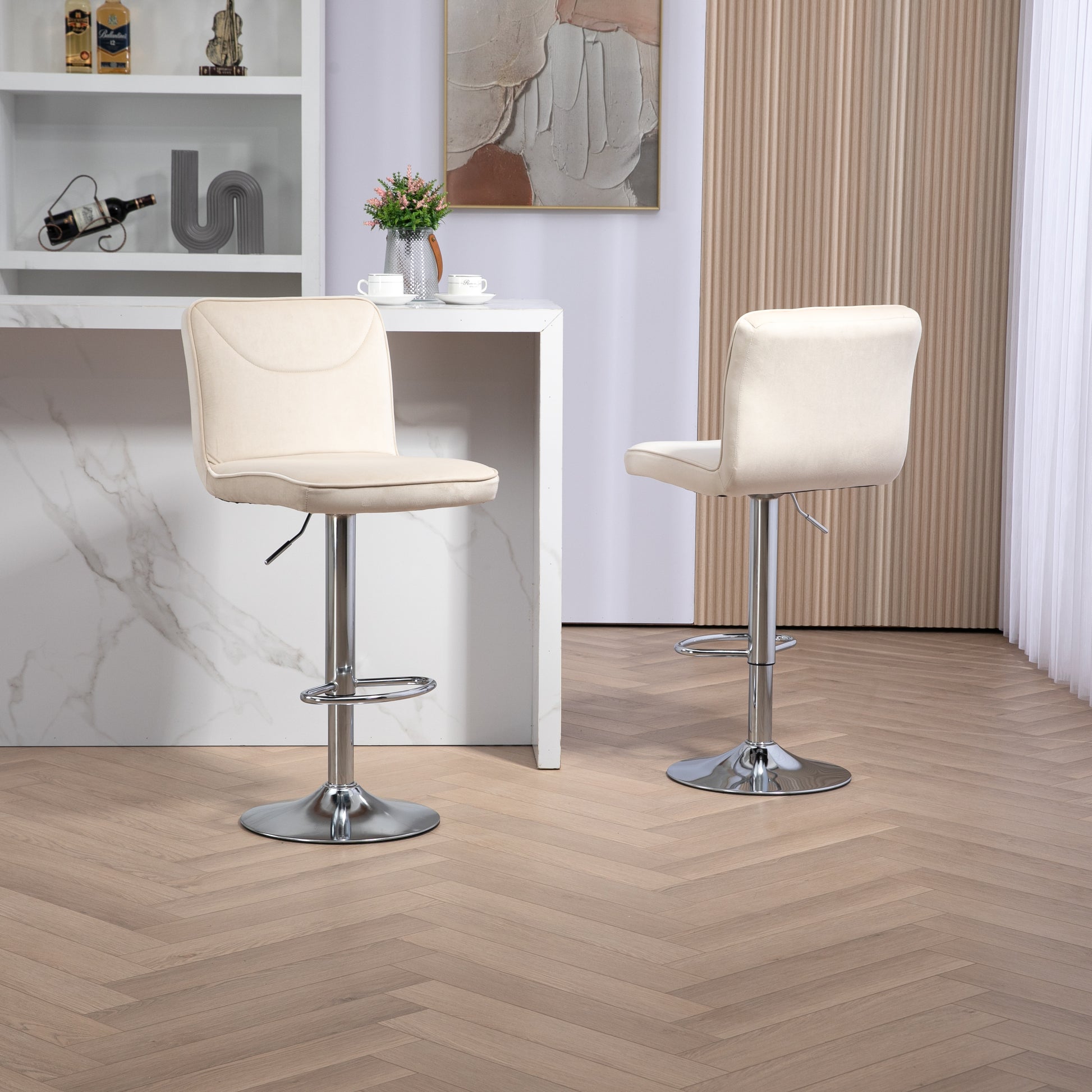 Coolmore Bar Stools With Back And Footrest Counter Height Dining Chairs 2Pc Set,360 Velvet Swivel Bar Stools Set Of 2, Adjustable Counter Height Bar Chairs Ivory Velvet Ivory Foam Velvet