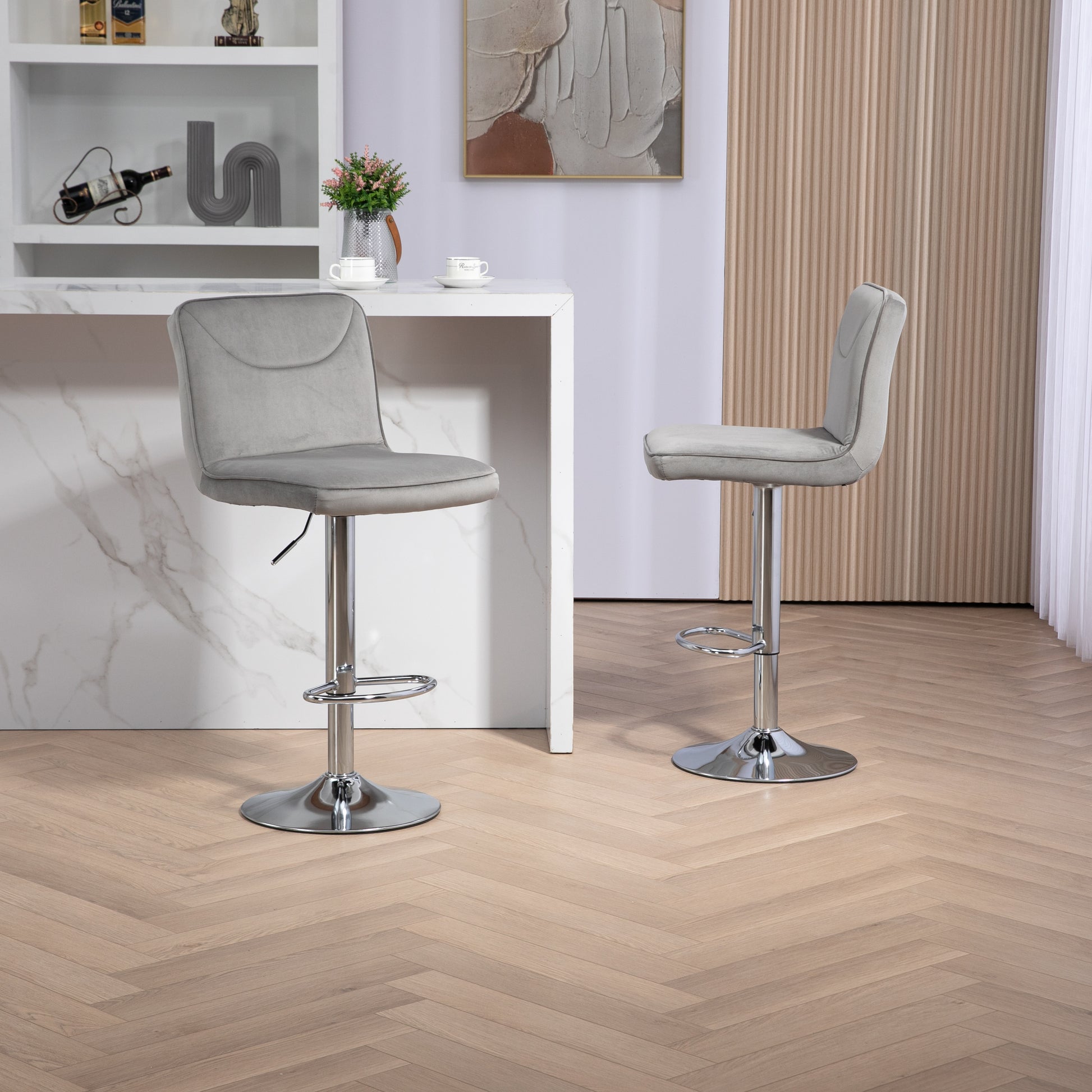 Coolmore Bar Stools With Back And Footrest Counter Height Dining Chairs 2Pc Set,360 Velvet Swivel Bar Stools Set Of 2, Adjustable Counter Height Bar Chairs Gray Velvet Gray Primary Living Space Foam Velvet