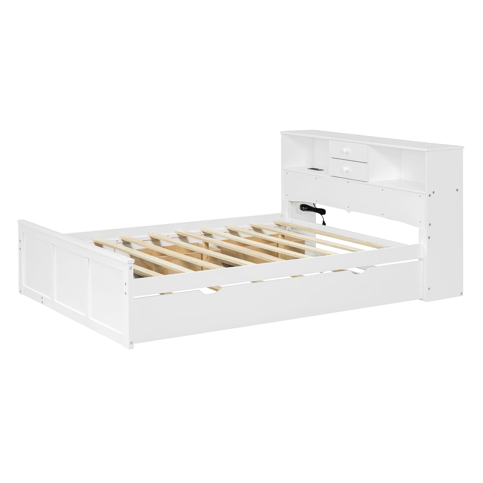 Full Size Wood Pltaform Bed With Win Size Trundle, 3 Drawers, Upper Shelves And A Set Of Usb Ports & Sockets, White White Solid Wood Mdf