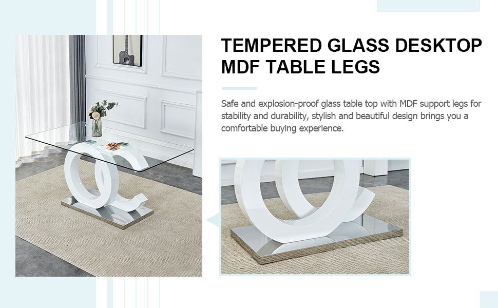 Large Modern Minimalist Rectangular Glass Dining Table, Suitable For 6 8 People, Equipped With 0.39 "Tempered Glass Tabletop, White Mdf Oc Shaped Bracket And Metal Base, Suitable For Kitchen White