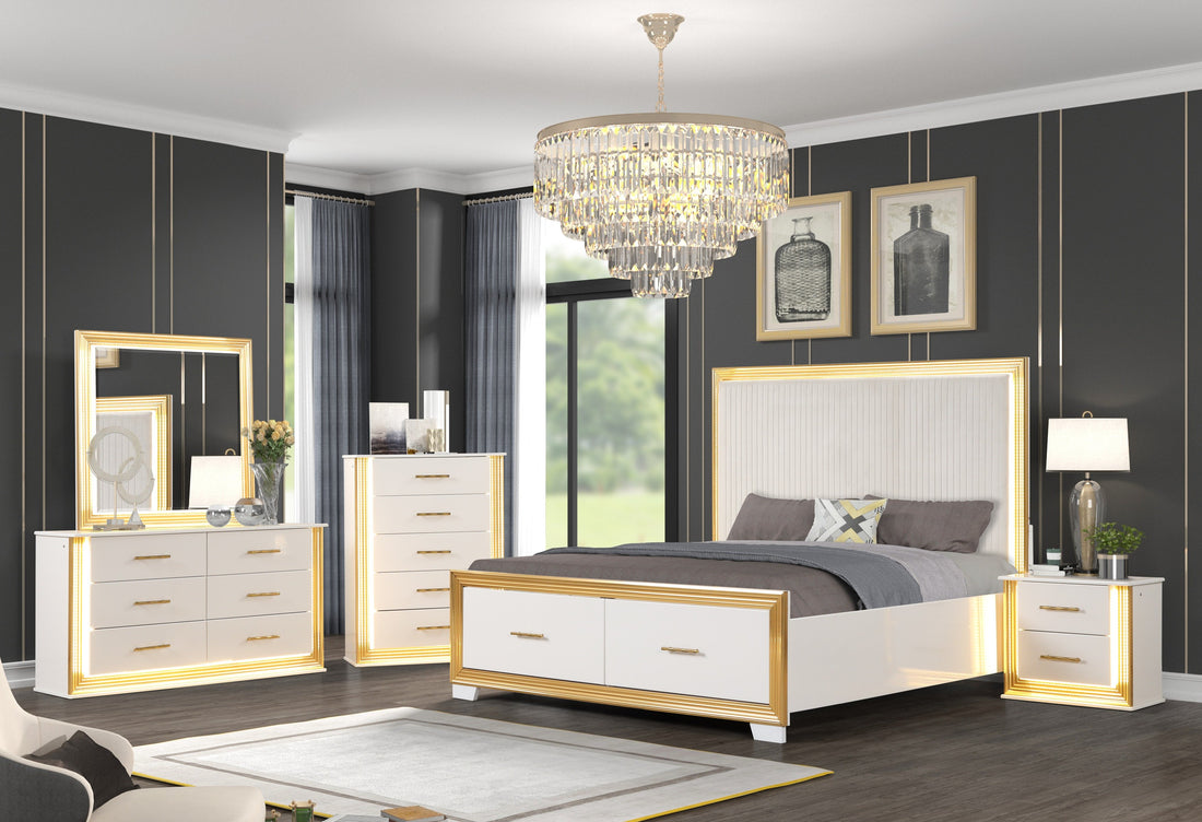 Contemporary Style 5Pc Queen Bedroom Set Made With Wood & Gold Finish Box Spring Not Required Queen White Wood 5 Piece Set Bedroom Bed Included,Chest Included,Dresser Included,Mirror Included,Nightstand Included Contemporary,Modern Solid Wood Mdf Built