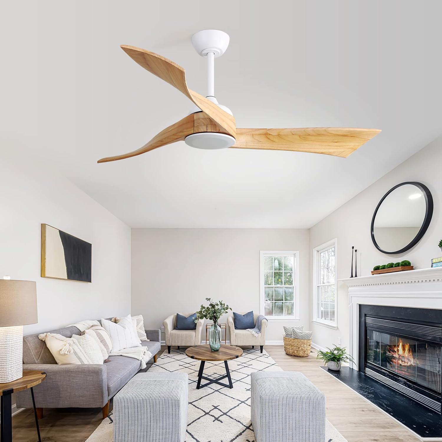 52 Inch Modern Ceiling Fan Without Light 6 Speed Remote 3 Solid Wood Blade Reversible Dc Motor For Indoor&Outdoor White Metal & Wood