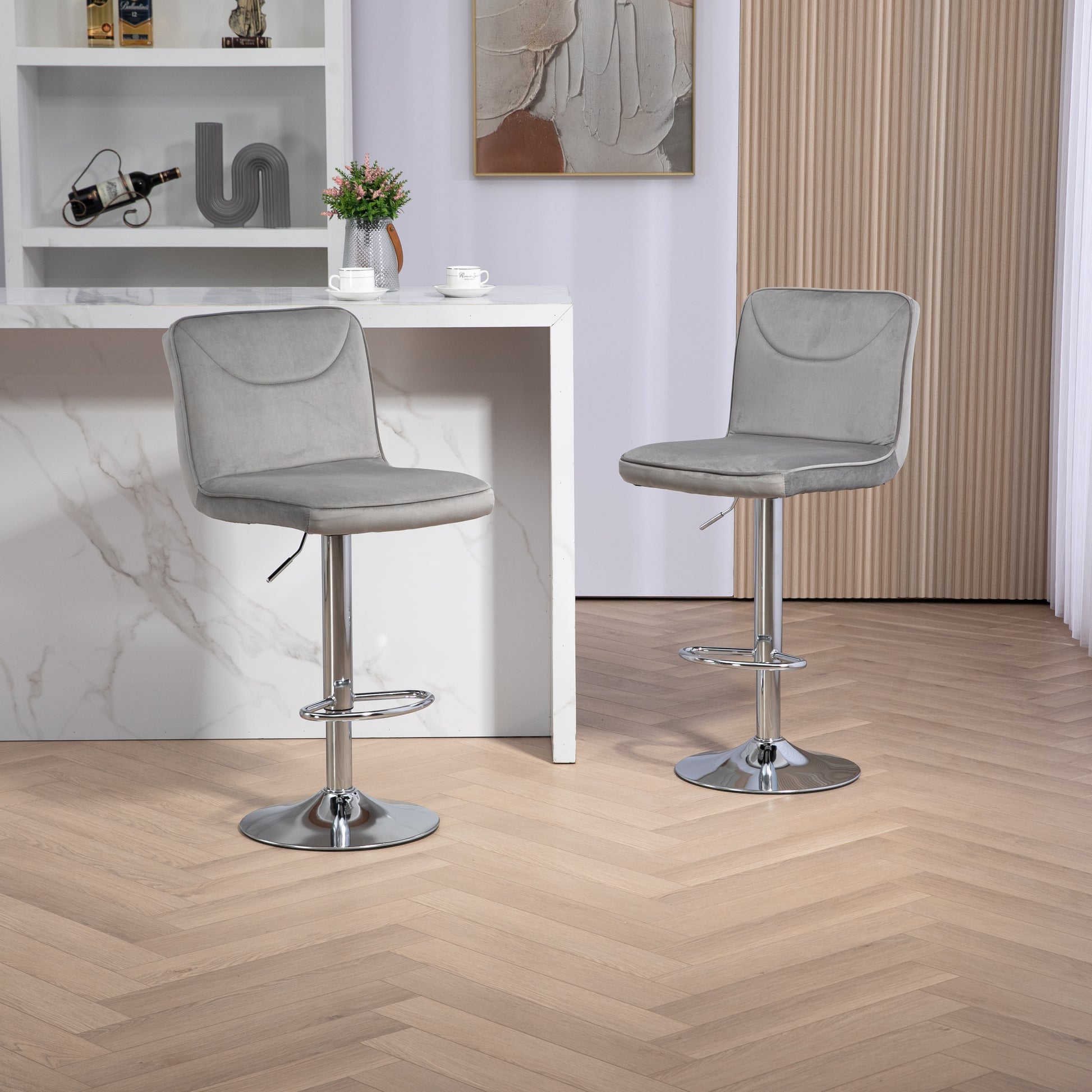 Coolmore Bar Stools With Back And Footrest Counter Height Dining Chairs 2Pc Set,360 Velvet Swivel Bar Stools Set Of 2, Adjustable Counter Height Bar Chairs Gray Velvet Gray Primary Living Space Foam Velvet