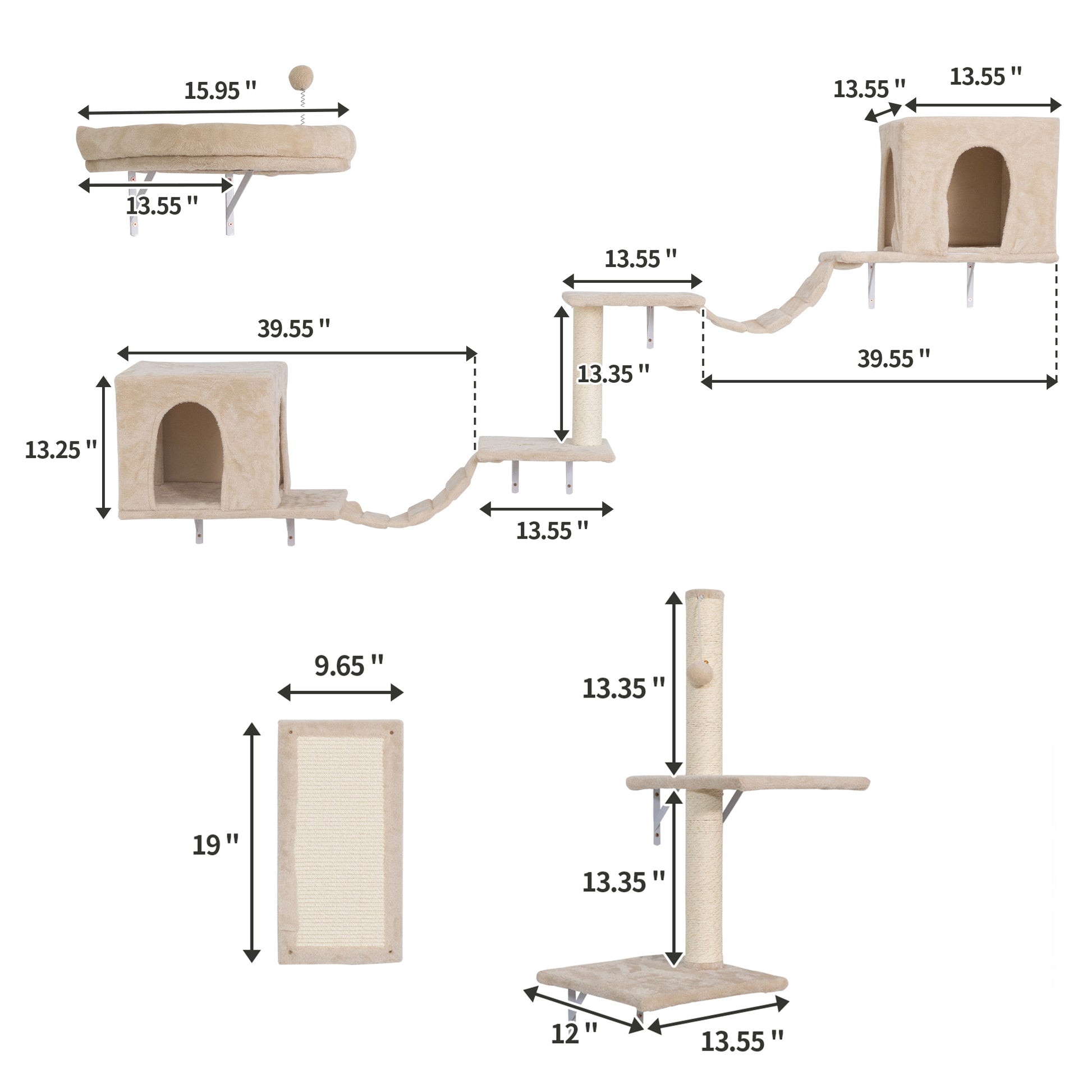 Wall Mounted Cat Tree, Cat Furniture With 2 Cat Condos House, 3 Cat Wall Shelves, 2 Ladder, 1 Cat Perch, Sisal Cat Scratching Posts And Pad Beige Particle Board