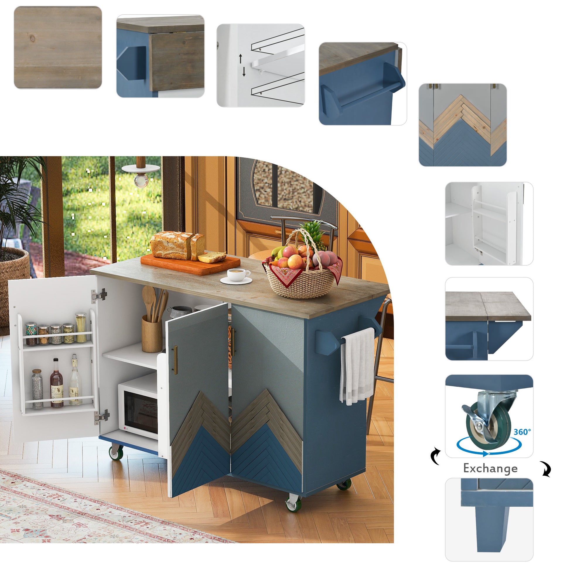 Retro Mountain Wood 47"D Kitchen Island With Drop Leaf, Accent Cabinet With Internal Storage Rack, Farmhouse Rolling Kitchen Cart On Wheels For Living Room, Kitchen, Dining Room Navy Blue Navy Blue Kitchen Classic,European,Modern Rectangular Kitchen