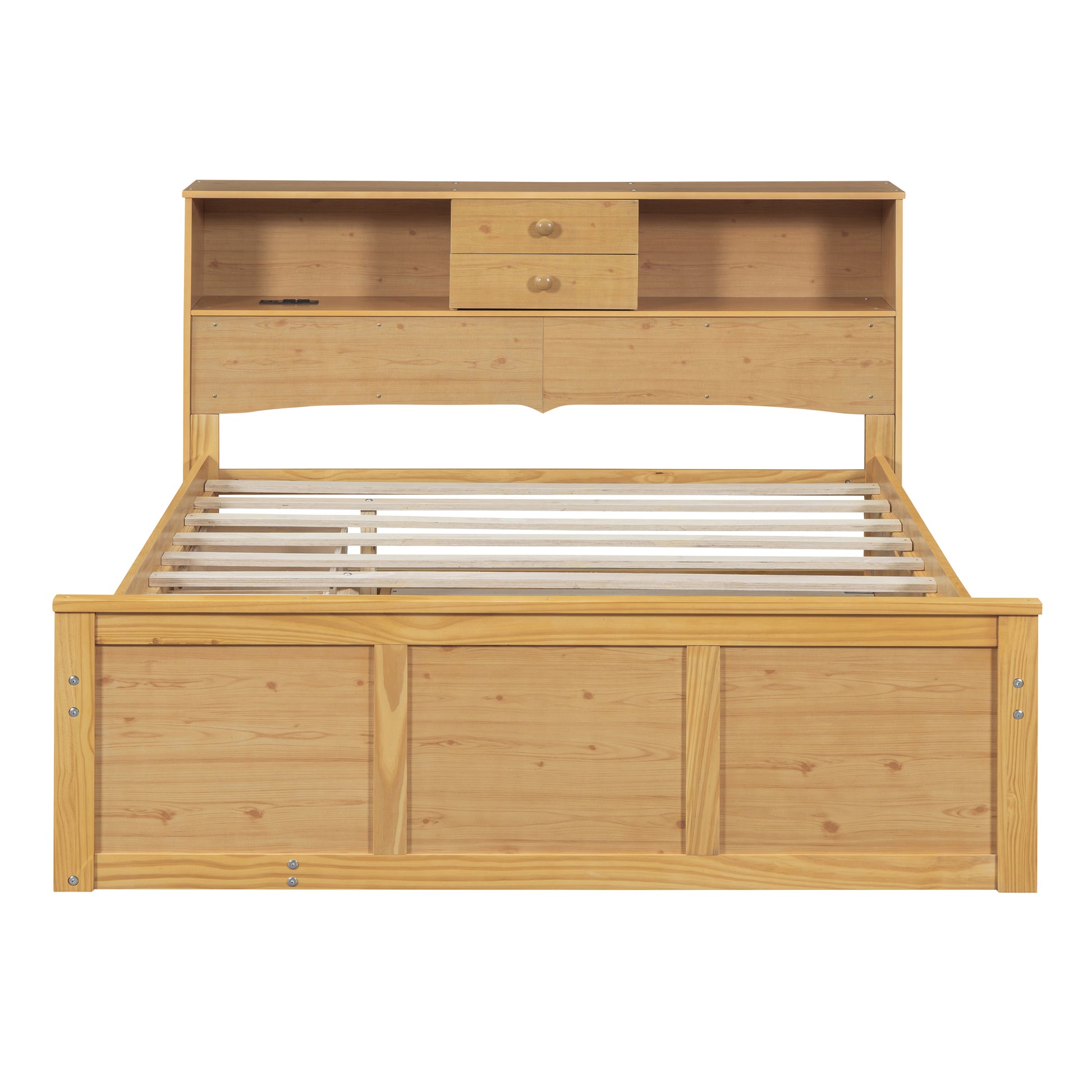 Full Size Wood Pltaform Bed With Twin Size Trundle, 3 Drawers, Upper Shelves And A Set Of Usb Ports & Sockets, Natural Natural Solid Wood Mdf