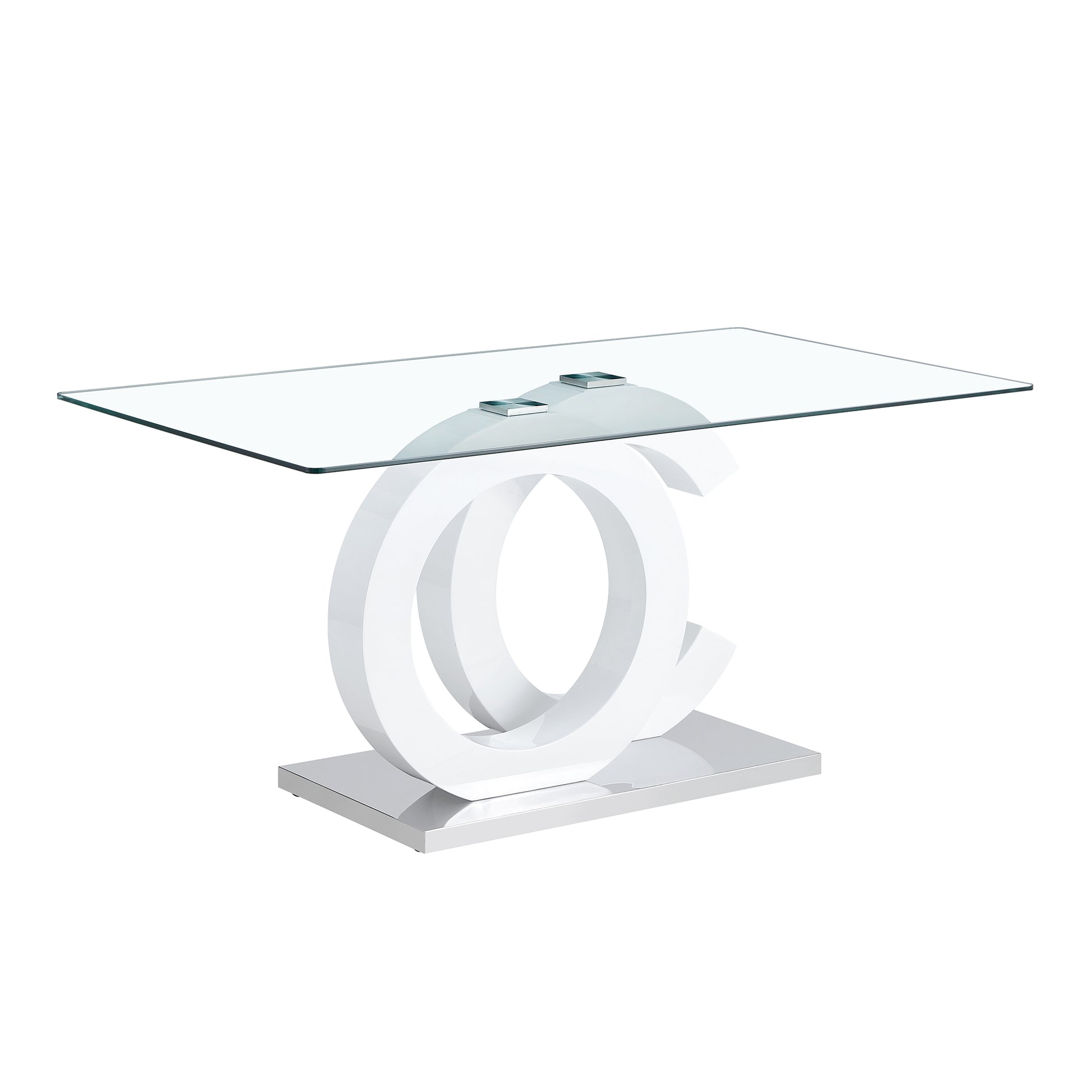 Large Modern Minimalist Rectangular Glass Dining Table, Suitable For 6 8 People, Equipped With 0.39 "Tempered Glass Tabletop, White Mdf Oc Shaped Bracket And Metal Base, Suitable For Kitchen White