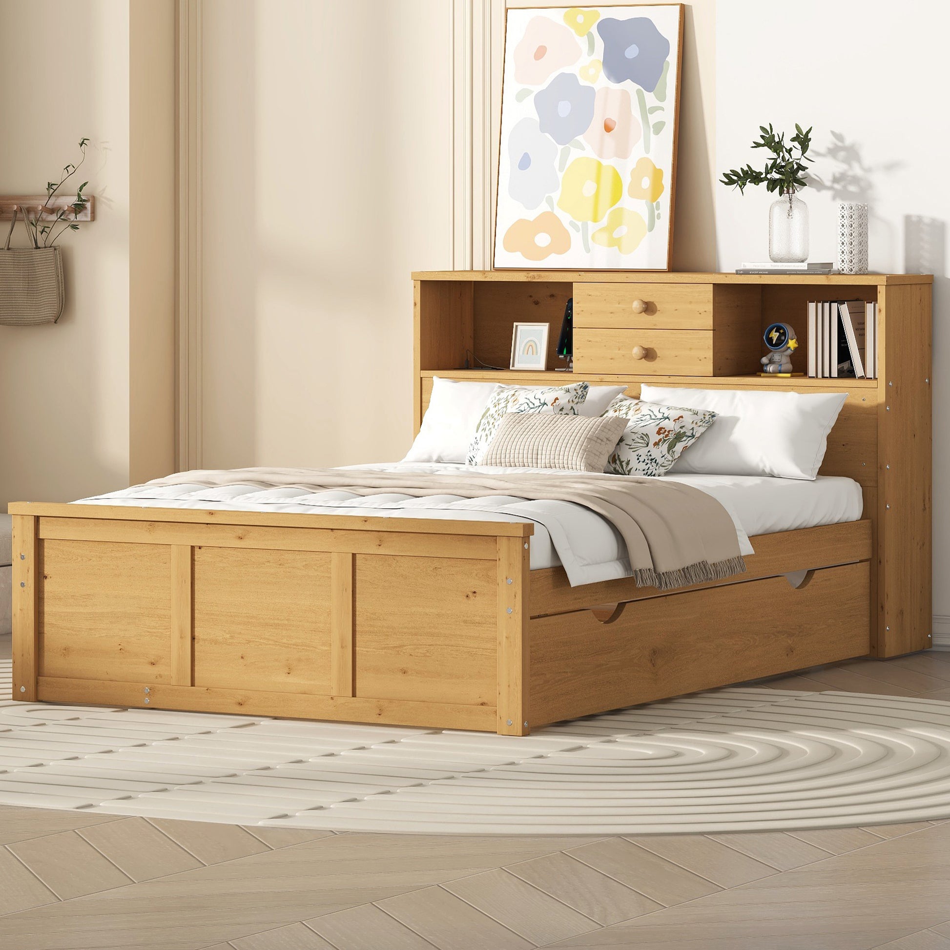 Full Size Wood Pltaform Bed With Twin Size Trundle, 3 Drawers, Upper Shelves And A Set Of Usb Ports & Sockets, Natural Natural Solid Wood Mdf