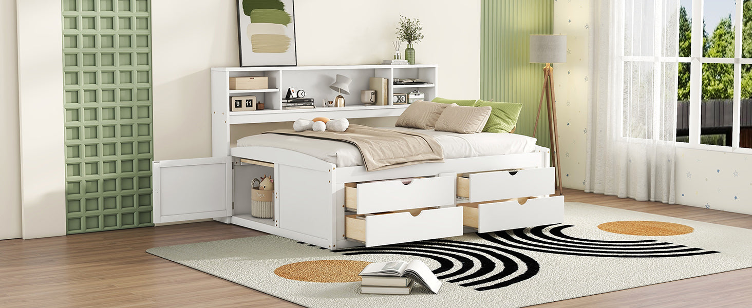 Full Size Wood Daybed With 2 Bedside Cabinets, Upper Shelves And 4 Drawers, White White Solid Wood Mdf