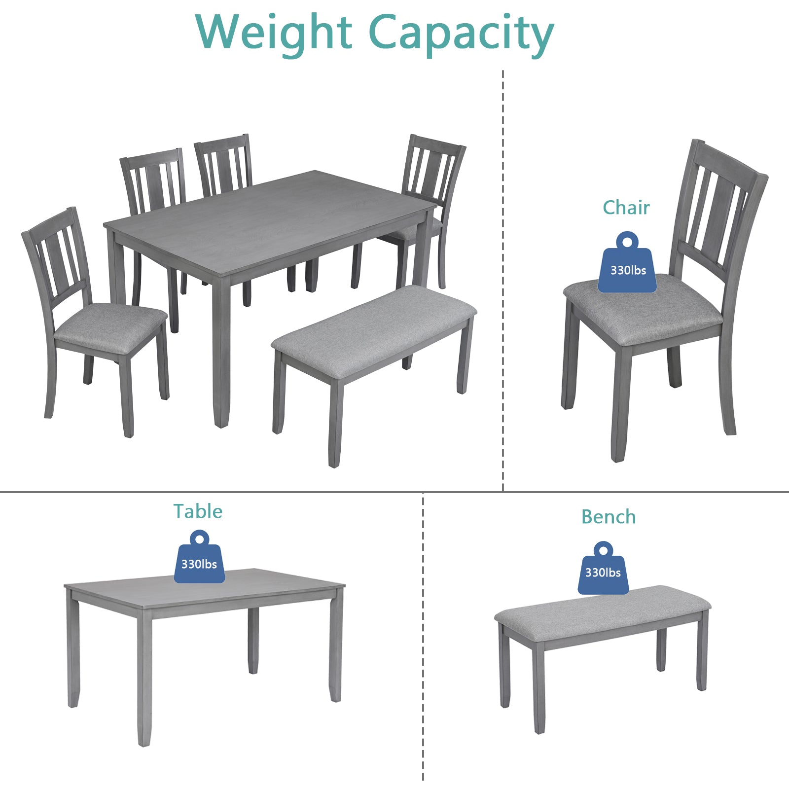 6 Piece Kitchen Dining Set, Rectangular Wooden Dining Table With 4 Upholstered Chairs And A Bench, Dining Table Set For 6 People, Living Room, Home Bar And Kitchen, Gray Upholstered Chair Wood Gray Seats 6 Wood Dining Room Acacia 4 Leg Rectangular Dining