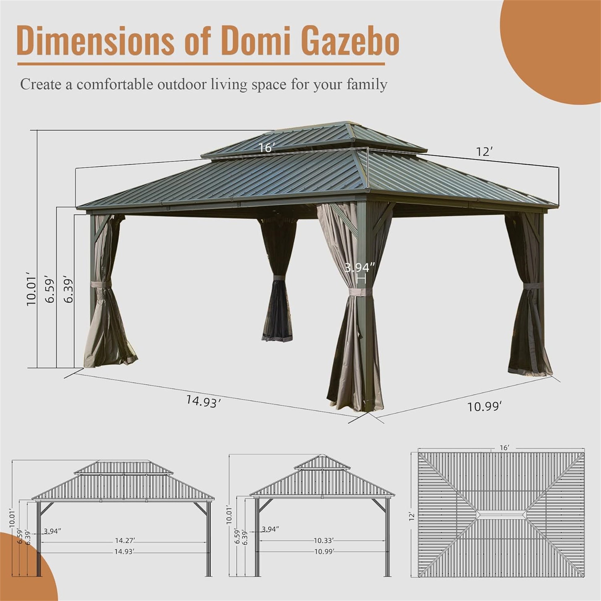 12' X 16' Hardtop Gazebo, Aluminum Metal Gazebo With Galvanized Steel Double Roof Canopy, Curtain And Netting, Permanent Gazebo Pavilion For Patio, Backyard, Deck, Lawn Gray Aluminum