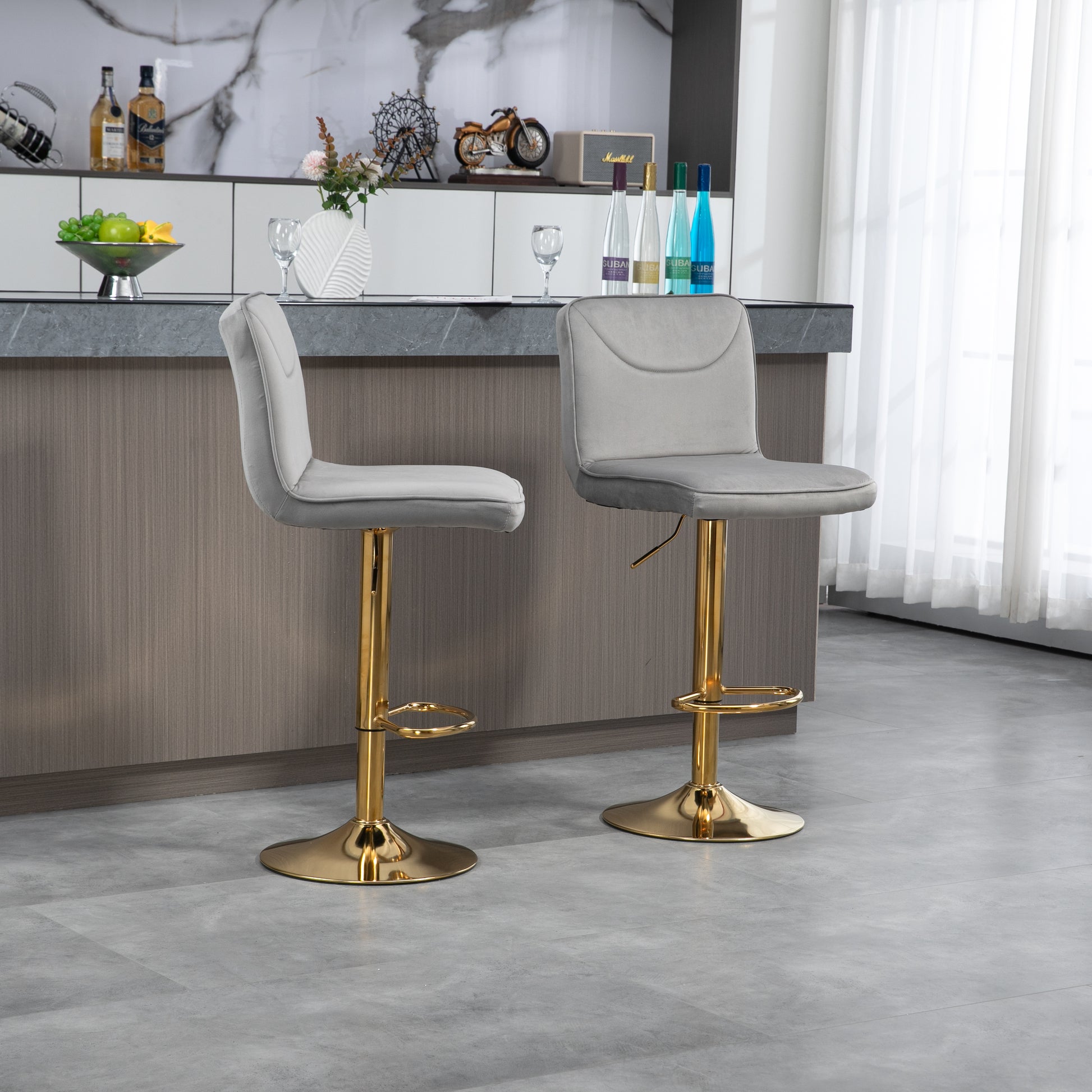 Coolmore Bar Stools With Back And Footrest Counter Height Dining Chairs 2Pc Set,360 Velvet Swivel Bar Stools Set Of 2, Adjustable Counter Height Bar Chairs Gray Velvet Gray Primary Living Space Foam Velvet