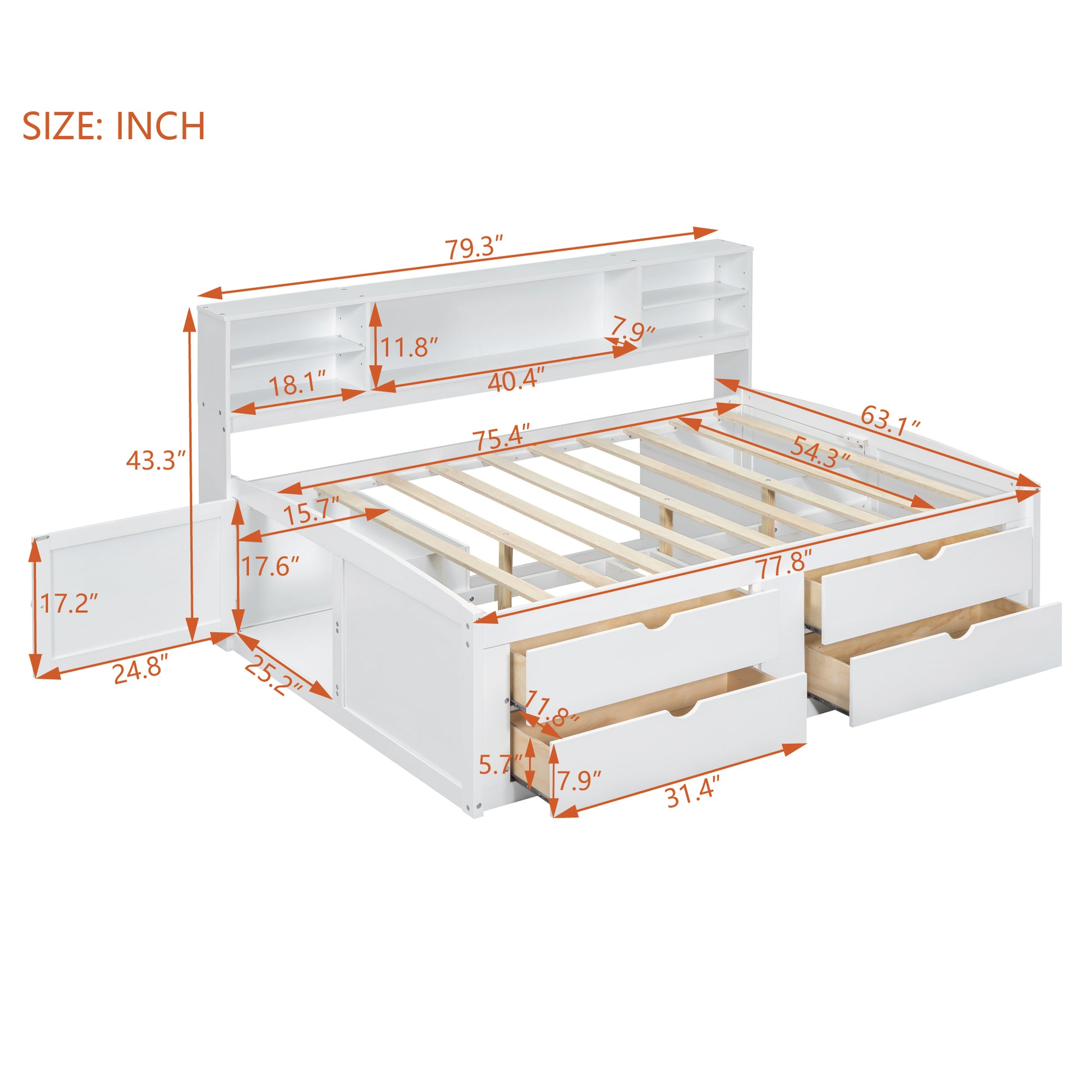 Full Size Wood Daybed With 2 Bedside Cabinets, Upper Shelves And 4 Drawers, White White Solid Wood Mdf