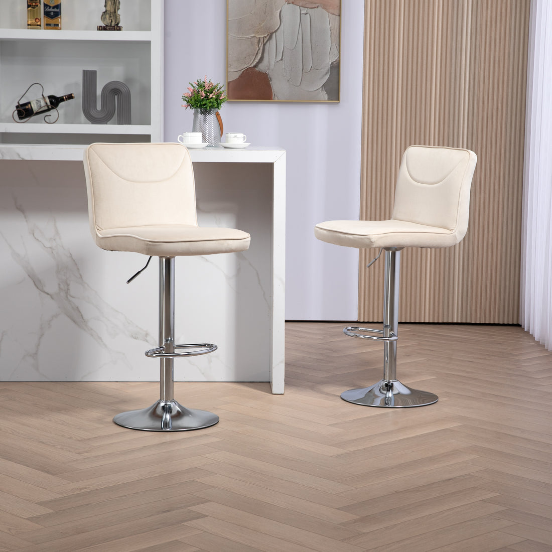 Coolmore Bar Stools With Back And Footrest Counter Height Dining Chairs 2Pc Set,360 Velvet Swivel Bar Stools Set Of 2, Adjustable Counter Height Bar Chairs Ivory Velvet Ivory Foam Velvet