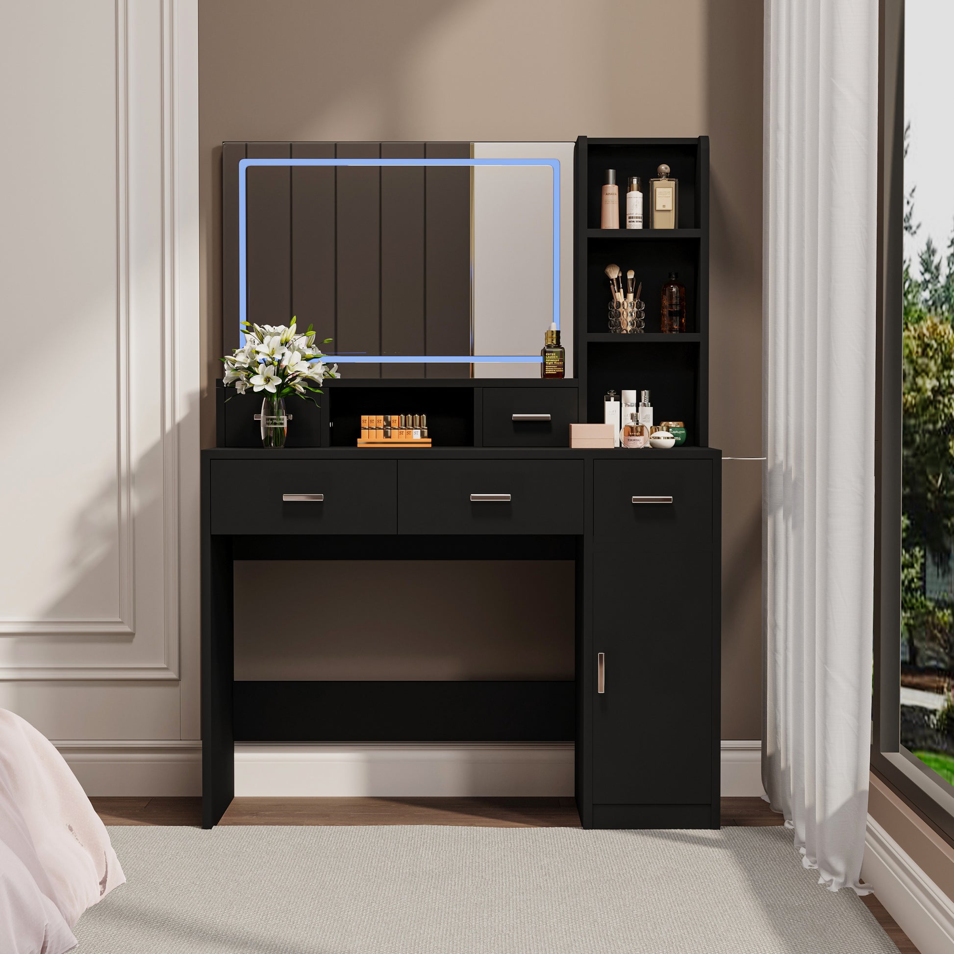 Newly Designed Smart Mirror Dressing Table With Drawers And Storage Cabinet, Dressing Table With Dressing Pad For Bedroom, Dressing Room Black Bedroom American Design,American Traditional,Classic,Coastal Mdf Glass