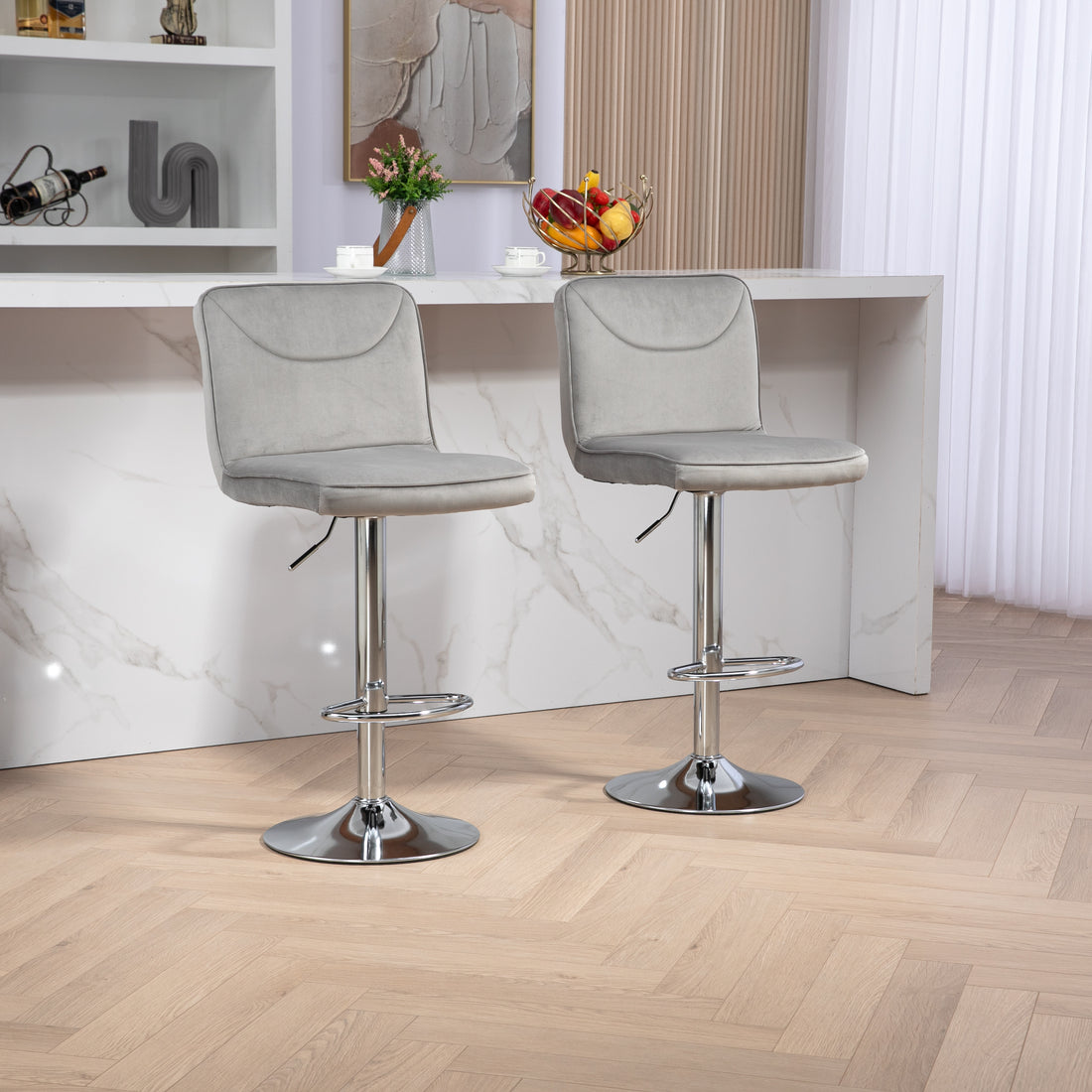Coolmore Bar Stools With Back And Footrest Counter Height Dining Chairs 2Pc Set,360 Velvet Swivel Bar Stools Set Of 2, Adjustable Counter Height Bar Chairs Gray Velvet Gray Primary Living Space Foam Velvet