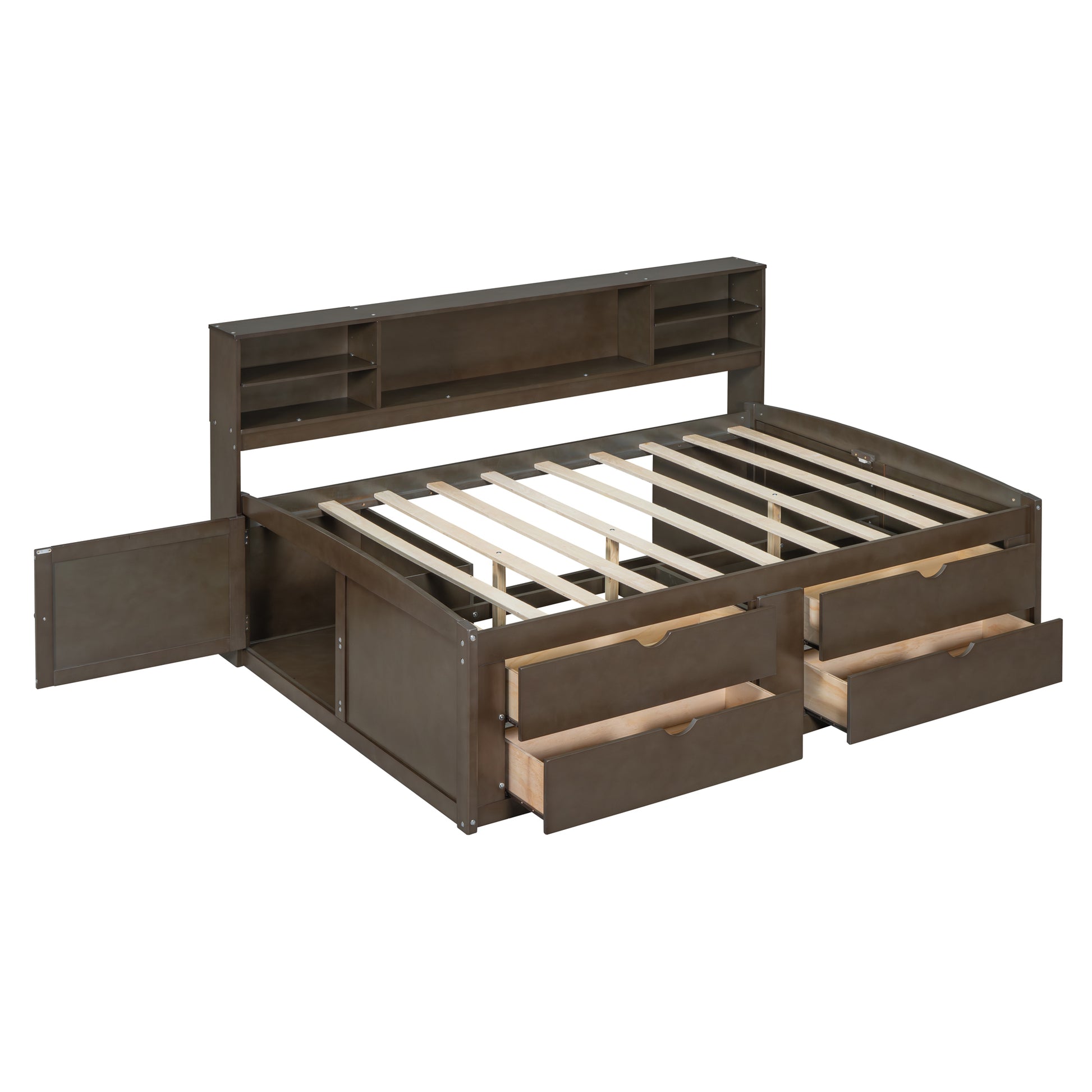 Full Size Wood Daybed With 2 Bedside Cabinets, Upper Shelves And 4 Drawers, Antique Brown Antique Brown Solid Wood Mdf
