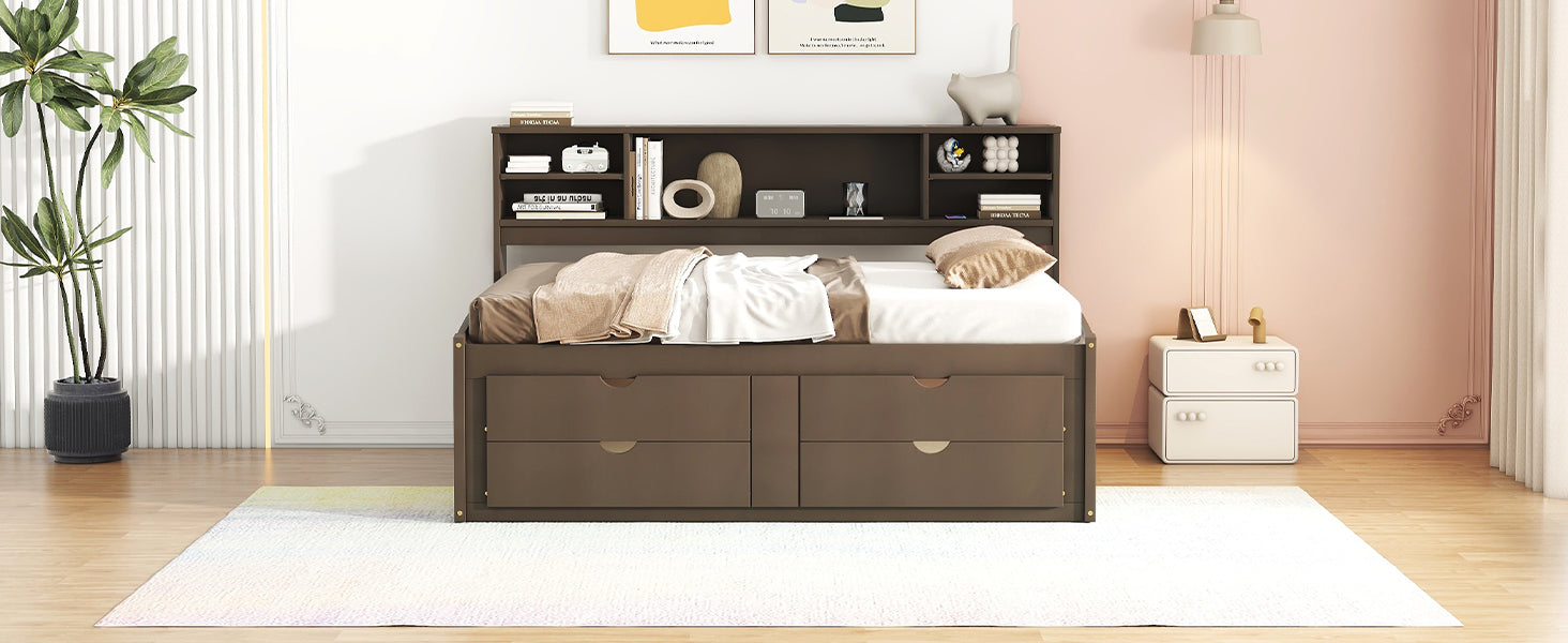 Full Size Wood Daybed With 2 Bedside Cabinets, Upper Shelves And 4 Drawers, Antique Brown Antique Brown Solid Wood Mdf