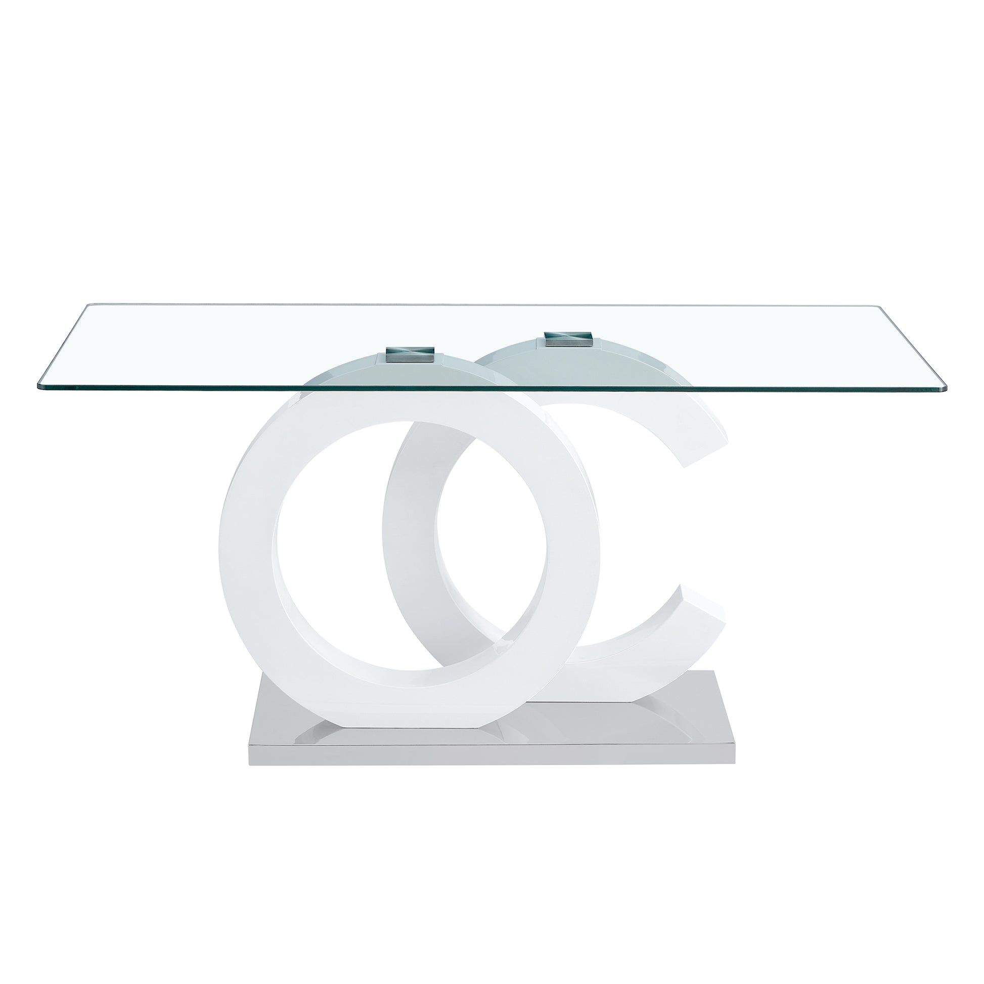 Large Modern Minimalist Rectangular Glass Dining Table, Suitable For 6 8 People, Equipped With 0.39 "Tempered Glass Tabletop, White Mdf Oc Shaped Bracket And Metal Base, Suitable For Kitchen White