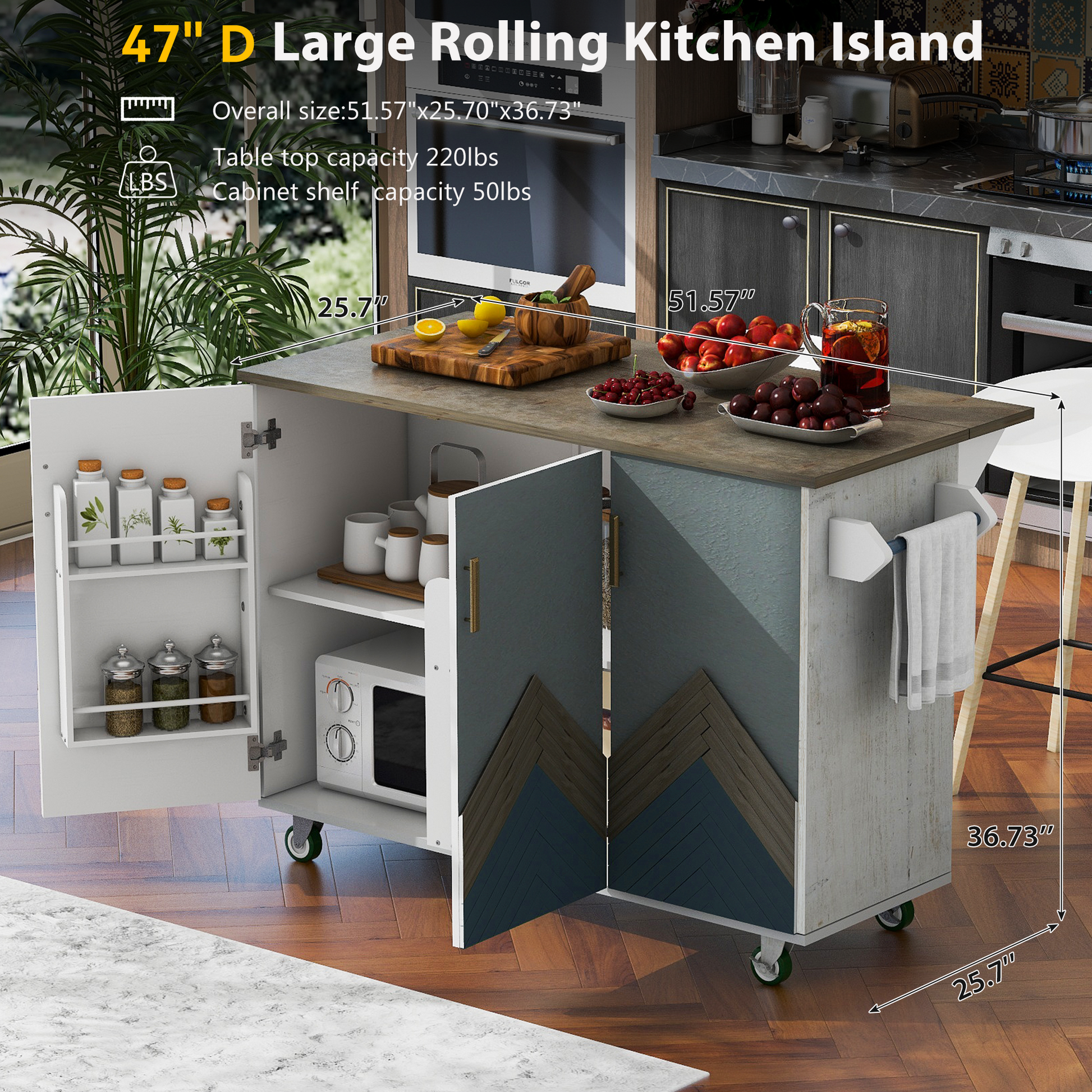 Retro Mountain Wood 47"D Kitchen Island With Drop Leaf, Farmhouse Kitchen Island On Wheels With Internal Storage Rack, Rolling Kitchen Cart With Towel Rack For Living Room, Kitchen, Dining Room White Mountain Grain White Kitchen Classic,European,Modern