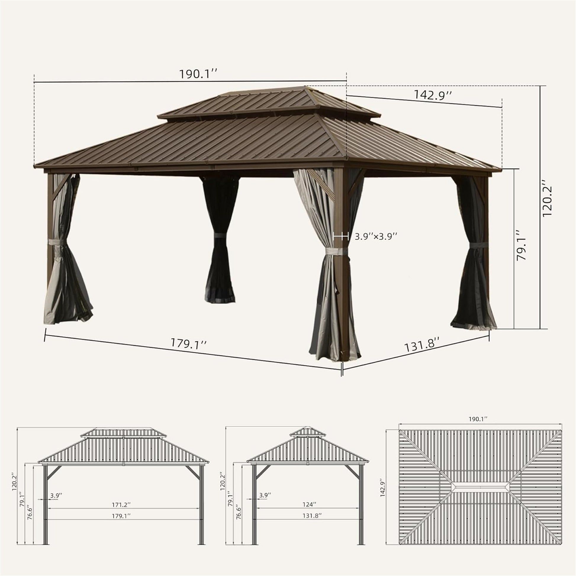 12' X 16' Hardtop Gazebo, Aluminum Metal Gazebo With Galvanized Steel Double Roof Canopy, Curtain And Netting, Permanent Gazebo Pavilion For Party, Wedding, Outdoor Dining, Brown Brown Aluminum